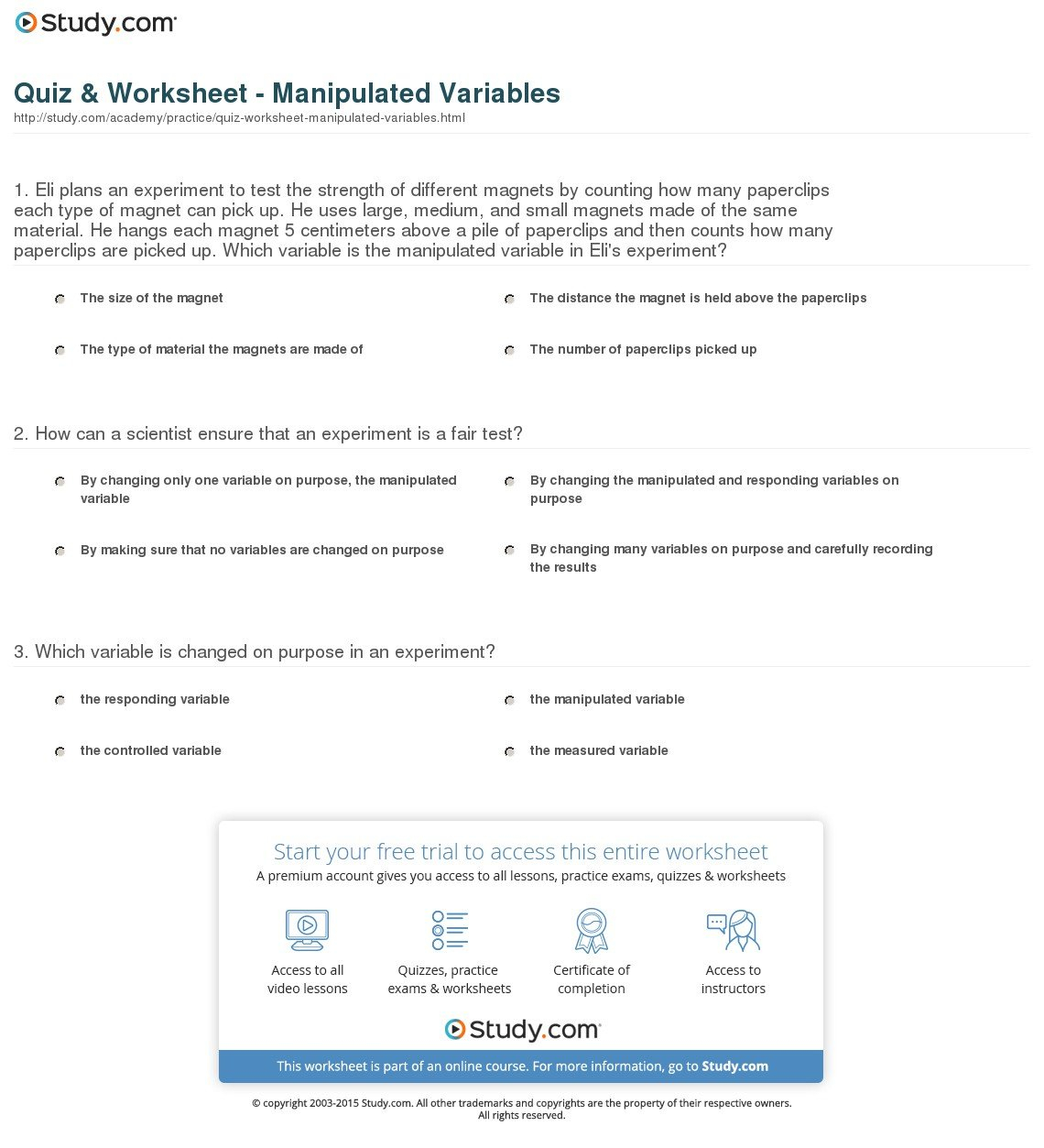 Quiz  Worksheet  Manipulated Variables  Study In Manipulated And Responding Variables Worksheet Answers