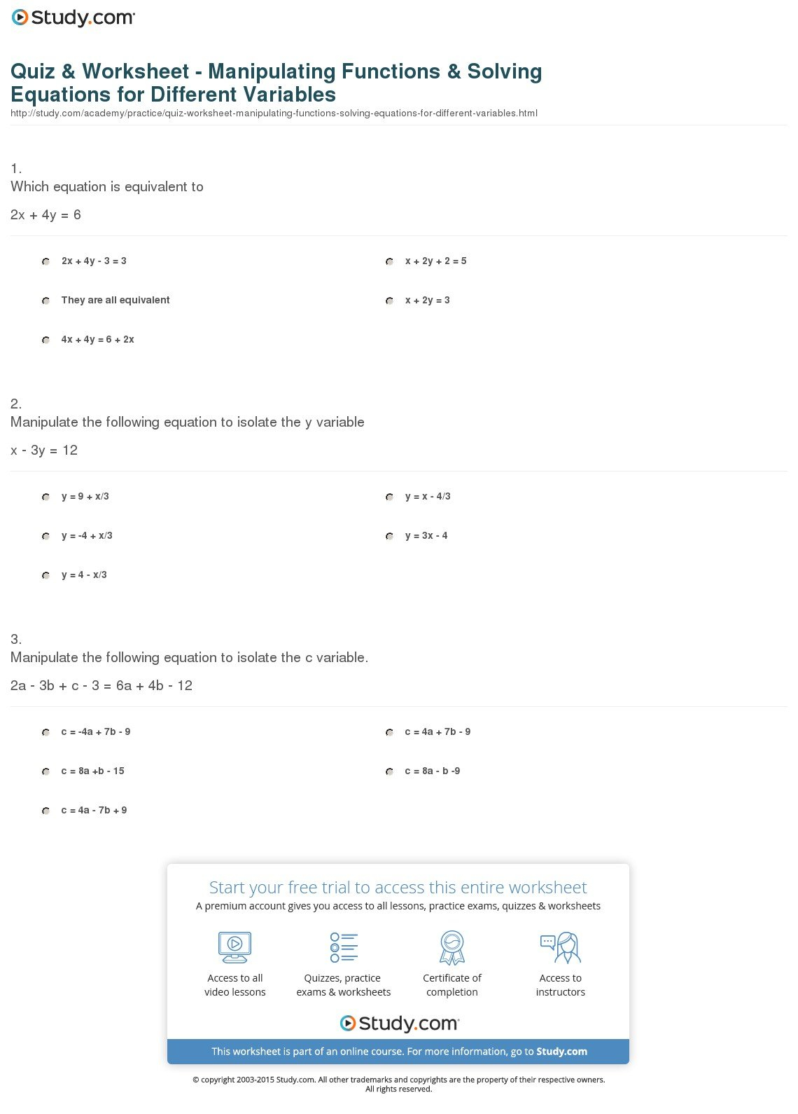 Quiz  Worksheet  Manipulating Functions  Solving Equations For For Solving Equations With Variables Worksheets