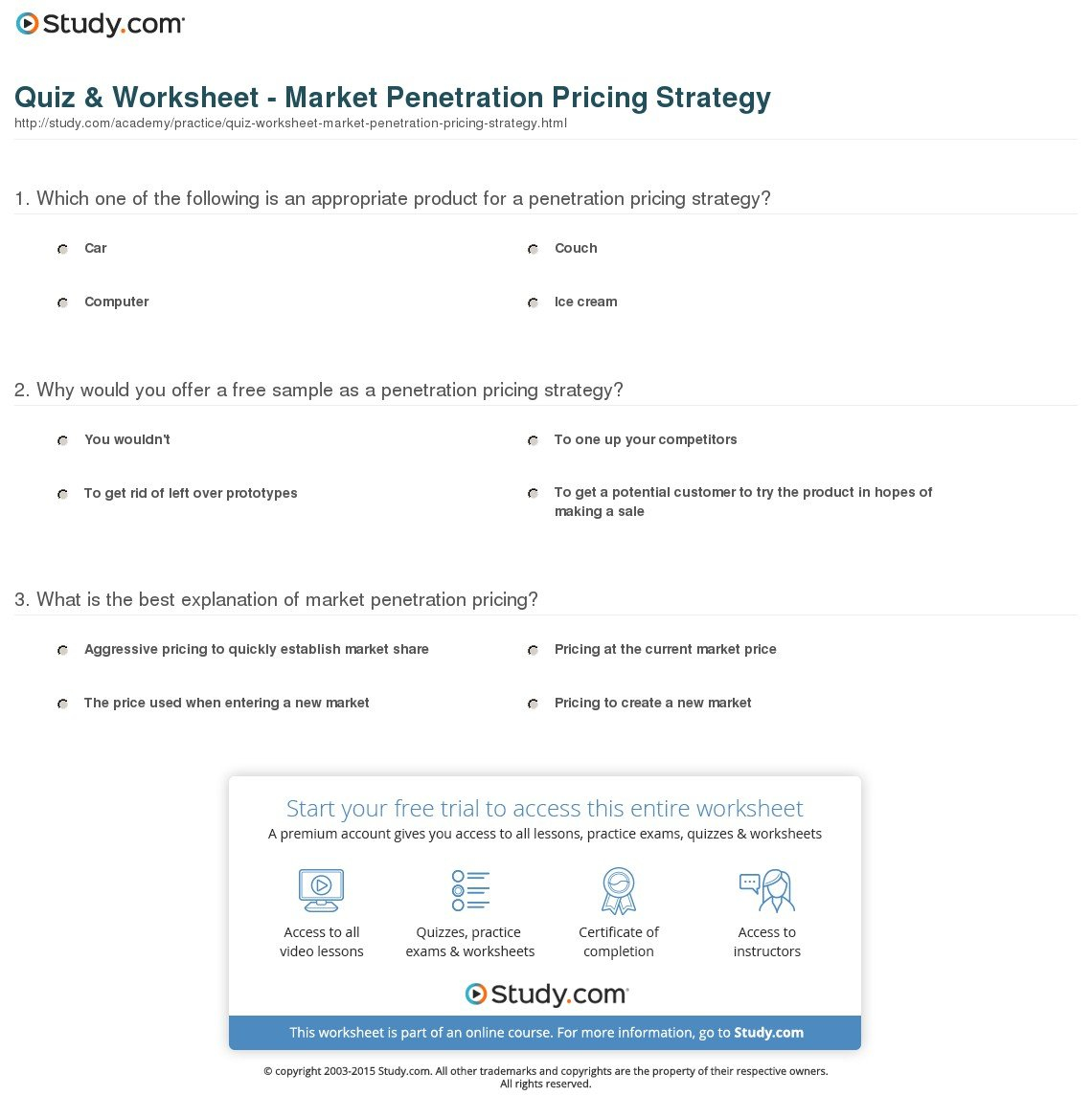 Quiz  Worksheet  Market Penetration Pricing Strategy  Study For Chapter 11 The Price Strategy Worksheet Answers