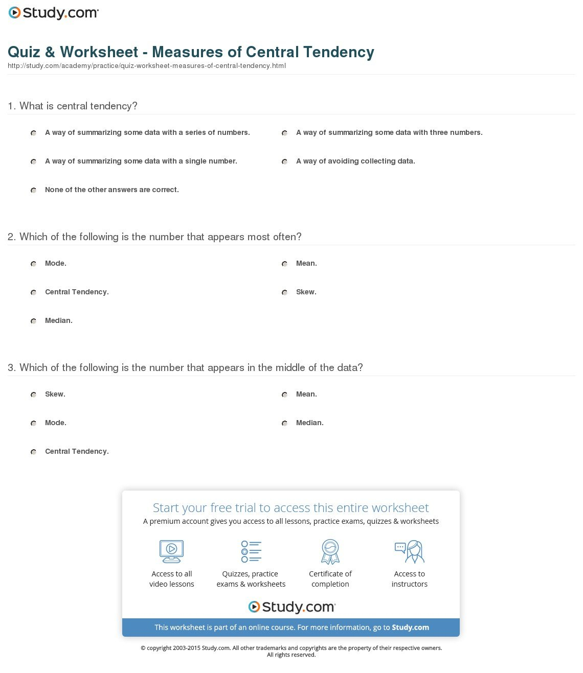 Quiz  Worksheet  Measures Of Central Tendency  Study Intended For Measures Of Central Tendency Worksheet With Answers