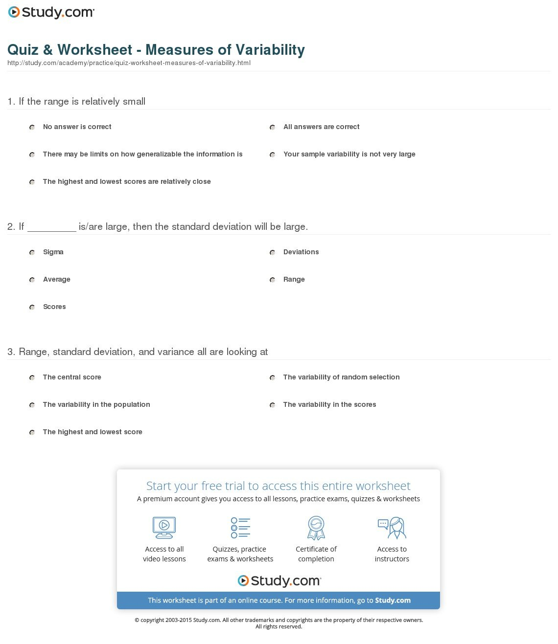 Quiz  Worksheet  Measures Of Variability  Study And Standard Deviation Worksheet With Answers Pdf