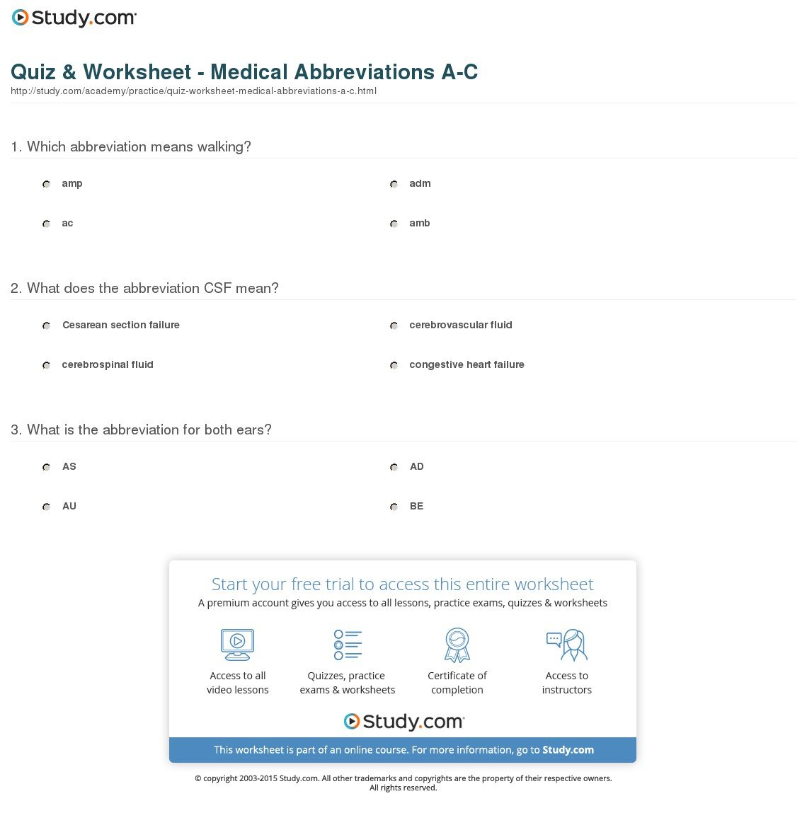 Quiz  Worksheet  Medical Abbreviations Ac  Study Regarding Medical Terminology Abbreviations Worksheet