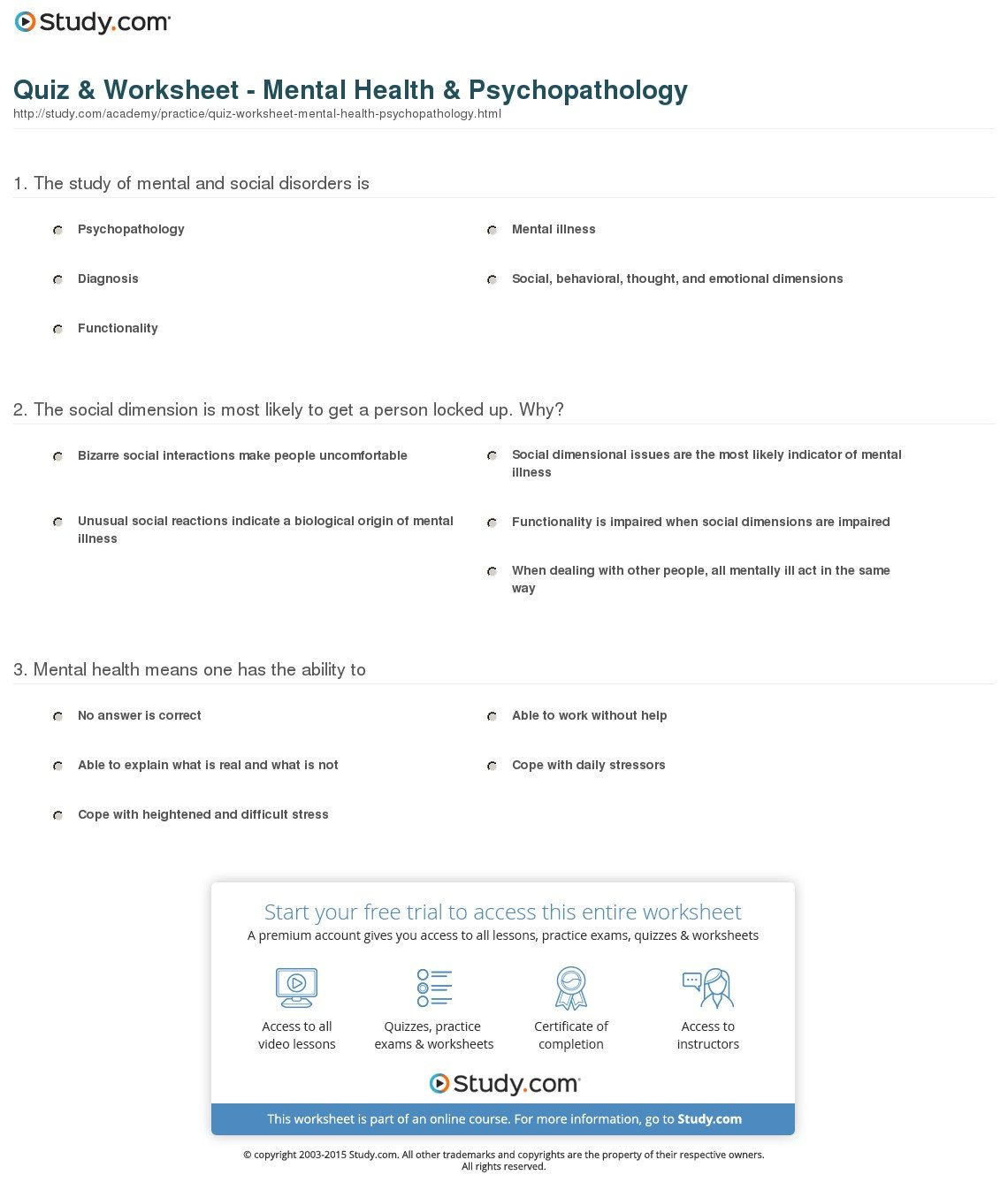 Quiz  Worksheet  Mental Health  Psychopathology  Study Pertaining To Printable Mental Health Worksheets