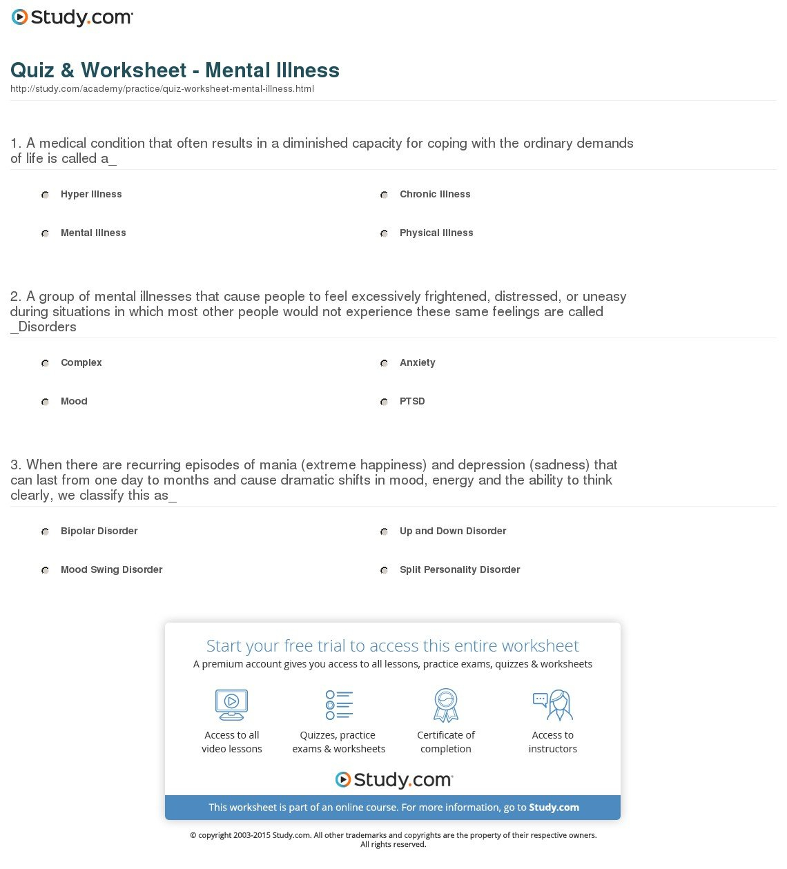Quiz  Worksheet  Mental Illness  Study With Regard To Psychological Disorders Worksheet Answers
