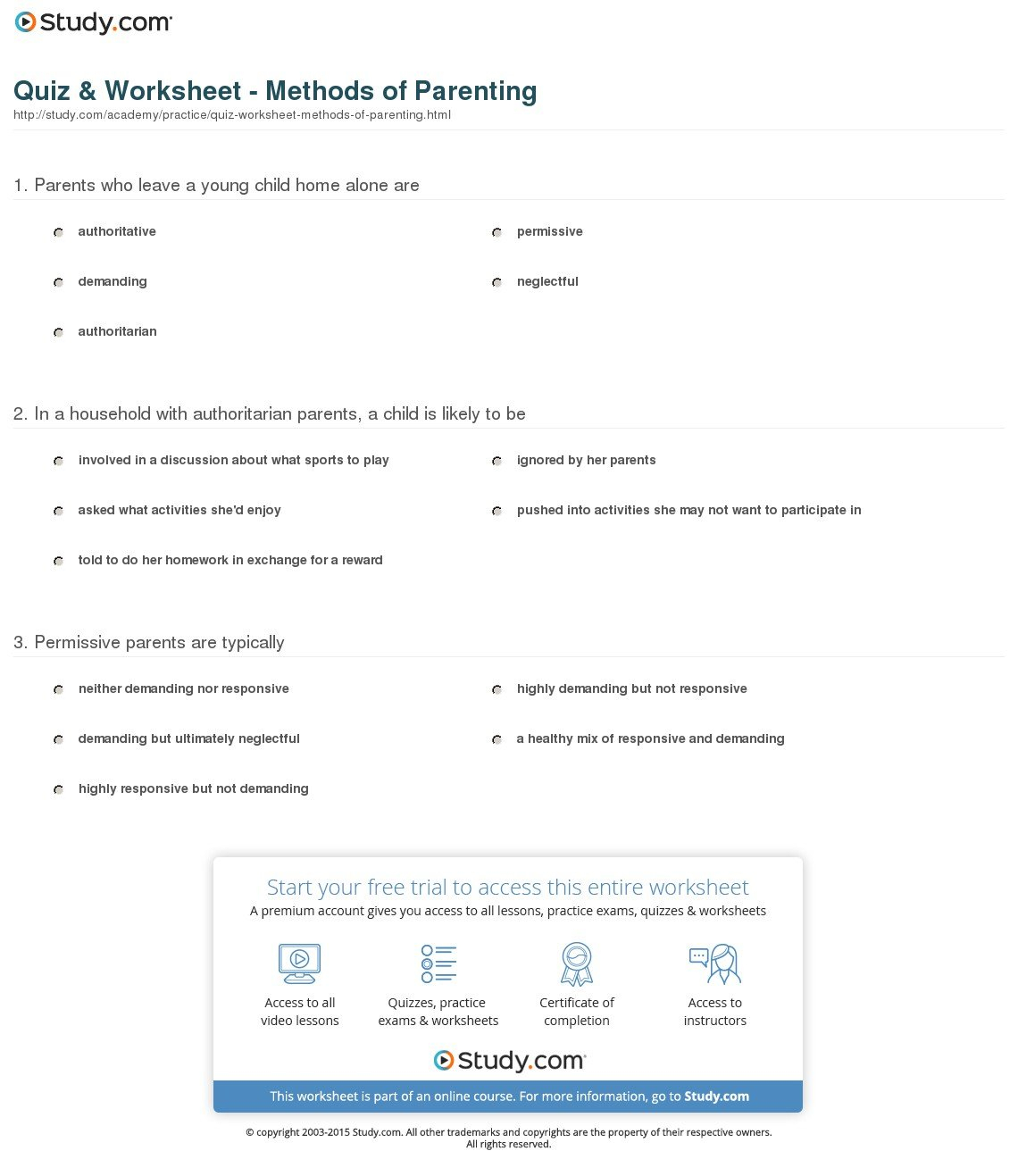 Quiz  Worksheet  Methods Of Parenting  Study Throughout Parenting Skills Worksheets