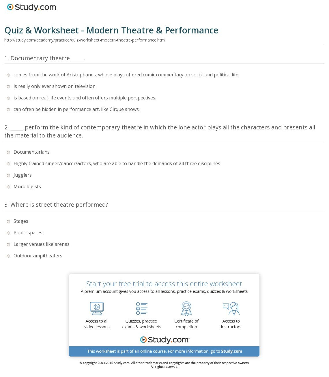 Quiz  Worksheet  Modern Theatre  Performance  Study For Theater Through The Ages Worksheet Answers