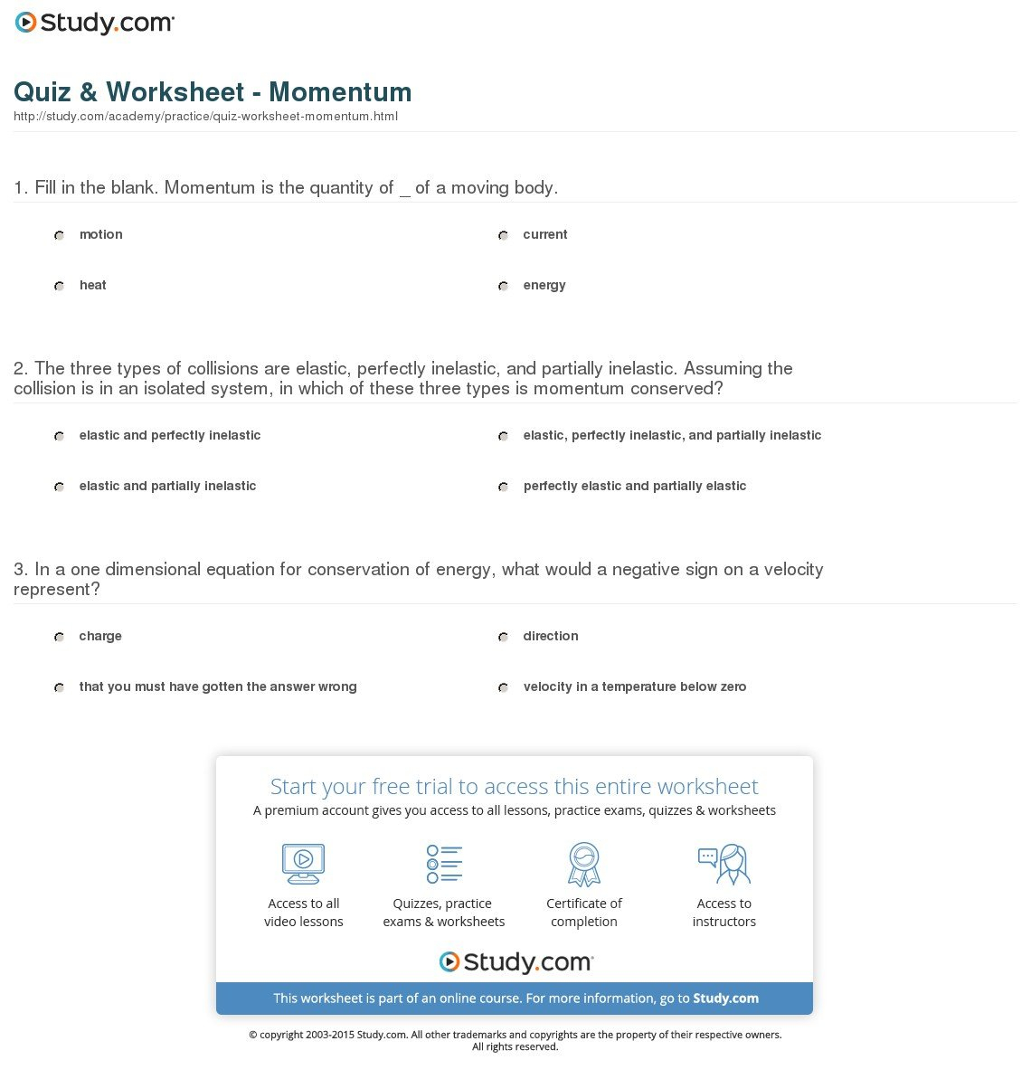 Quiz  Worksheet  Momentum  Study Also Momentum And Collisions Worksheet Answer Key