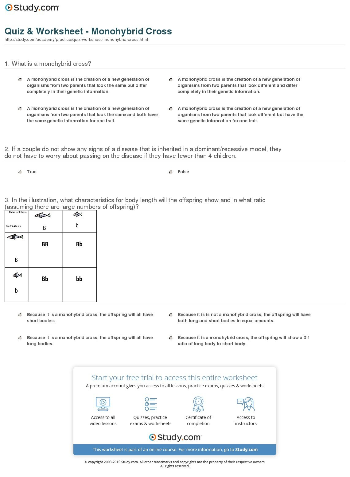 Quiz  Worksheet  Monohybrid Cross  Study Within Monohybrid Cross Problems 2 Worksheet With Answers