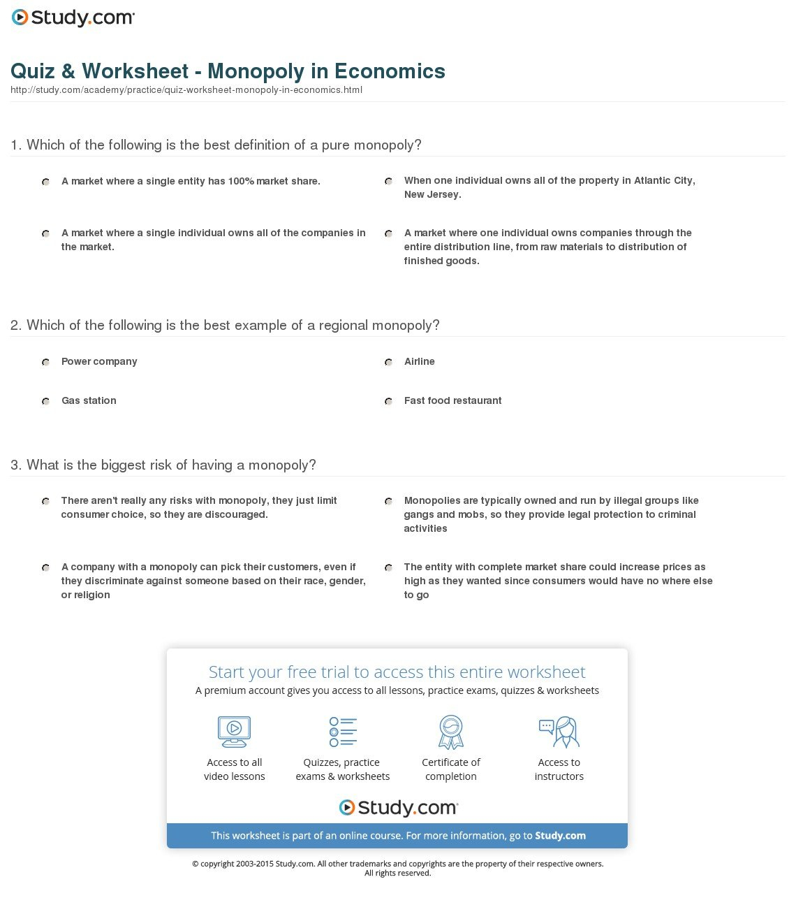 Quiz  Worksheet  Monopoly In Economics  Study Or High School Economics Worksheets