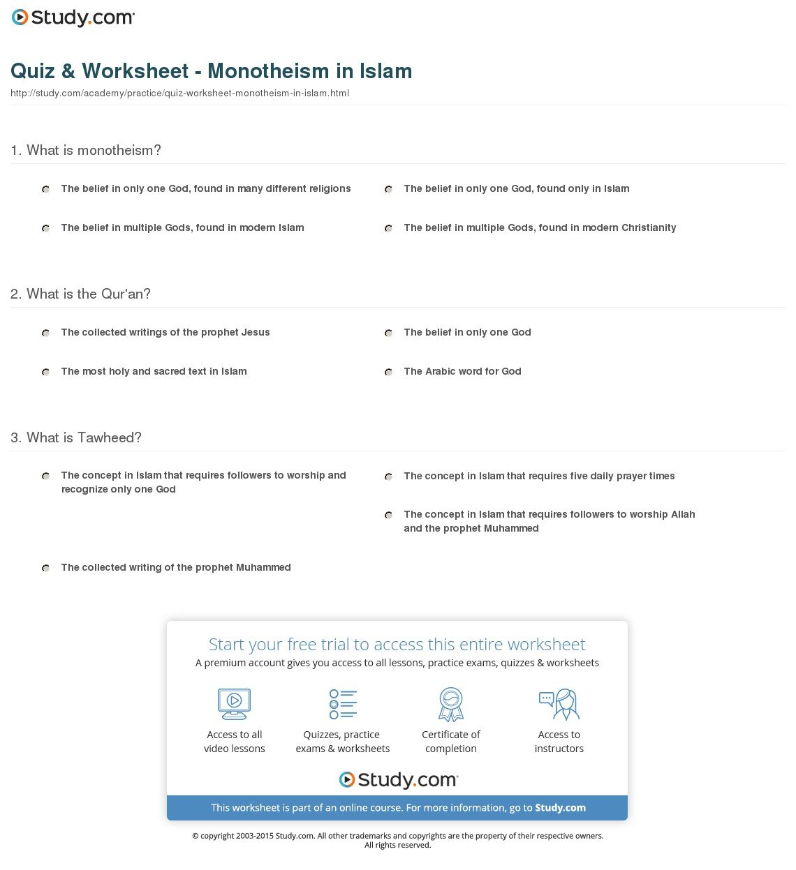 Quiz  Worksheet  Monotheism In Islam  Study Throughout Judaism Christianity And Islam Worksheet
