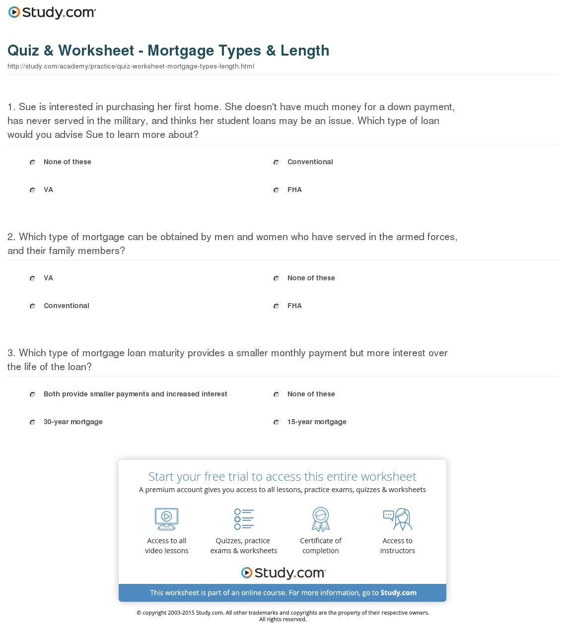 Quiz  Worksheet  Mortgage Types  Length  Study For Mortgage Loan Worksheet