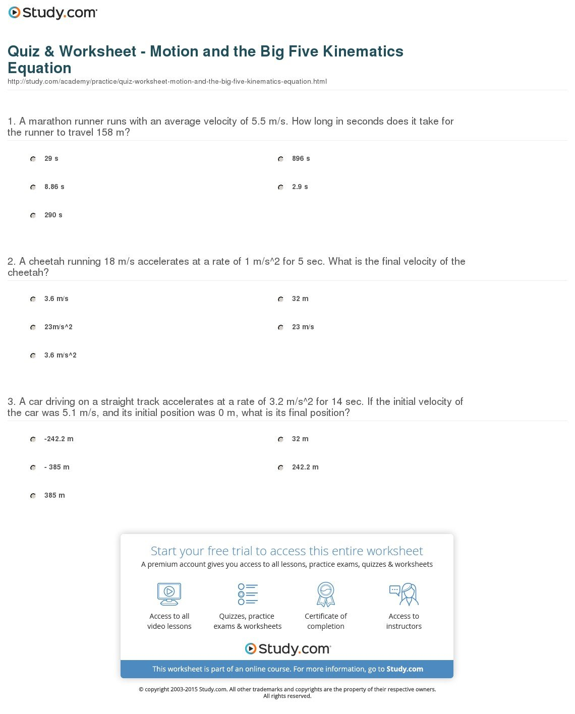 Quiz  Worksheet  Motion And The Big Five Kinematics Equation Regarding Kinematic Equations Worksheet