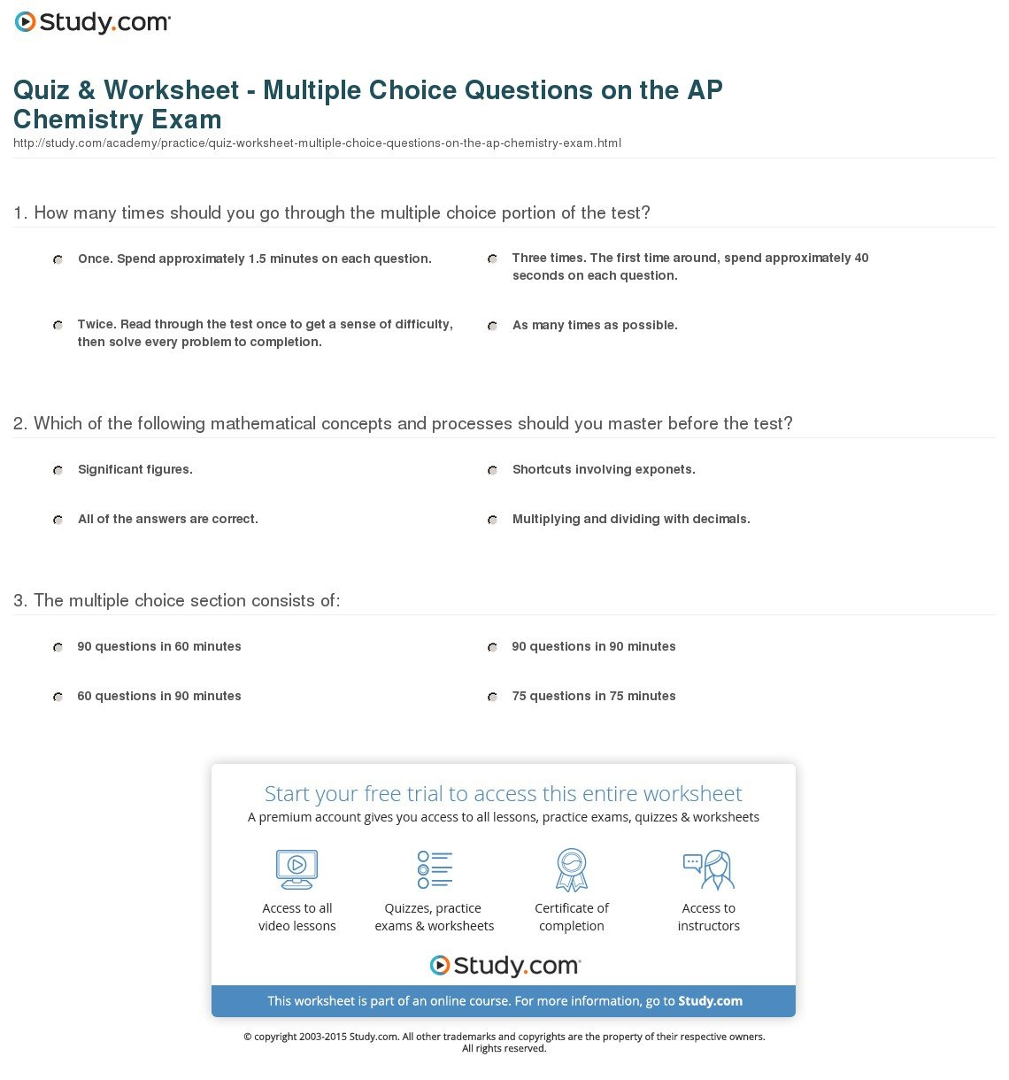 Quiz  Worksheet  Multiple Choice Questions On The Ap Chemistry And Ap Chemistry Worksheets With Answers