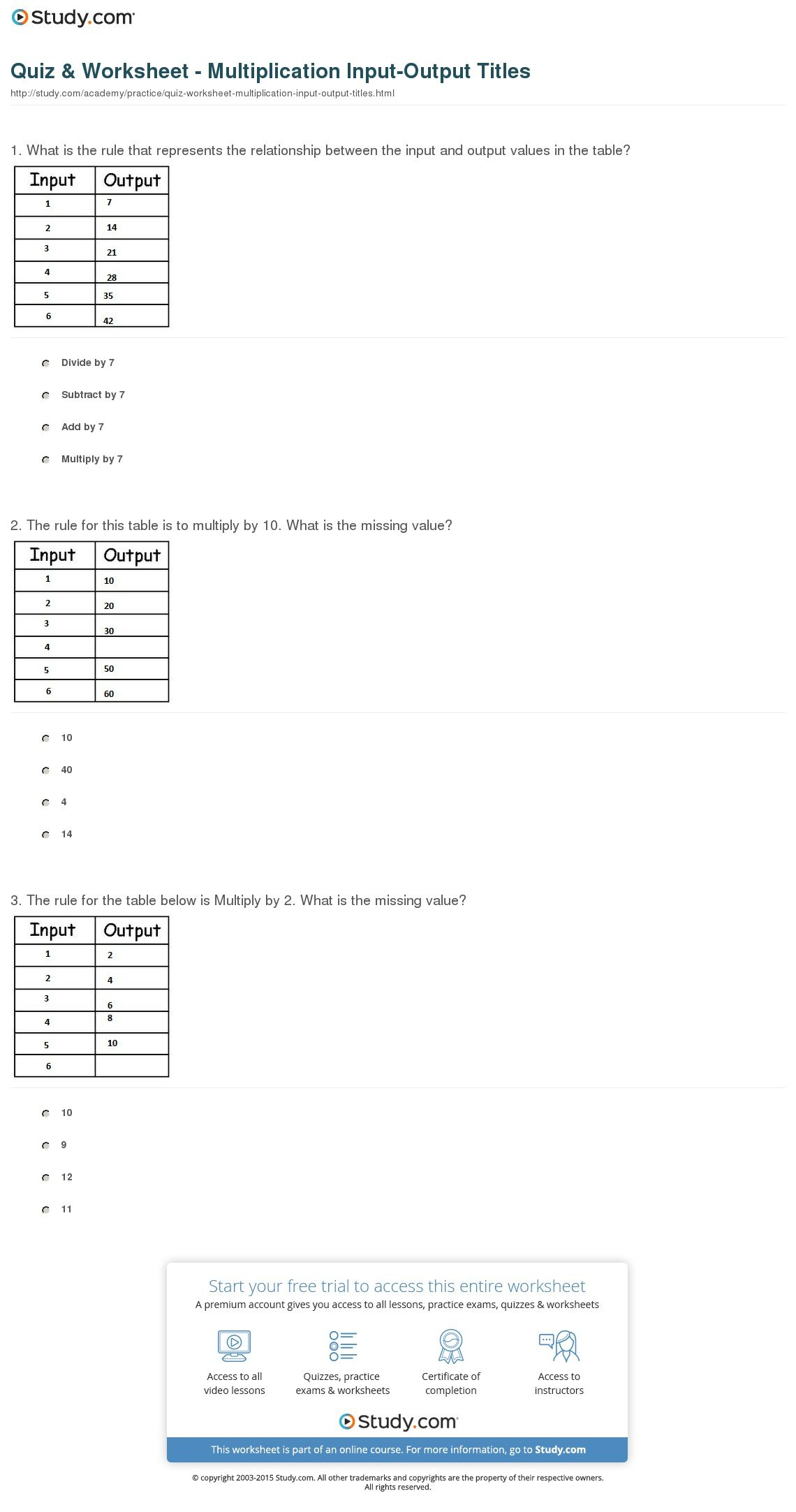 Quiz  Worksheet  Multiplication Inputoutput Tables  Study Along With Input Output Tables Worksheet
