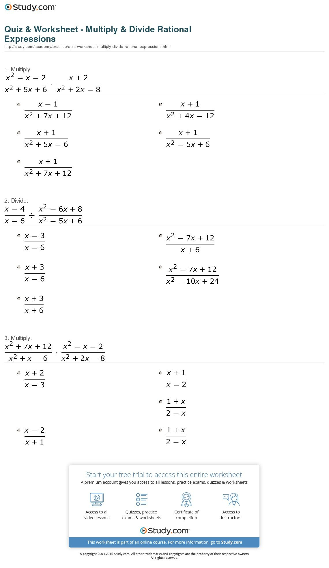 Quiz  Worksheet  Multiply  Divide Rational Expressions  Study Together With Multiplying Rational Expressions Worksheet Algebra 2
