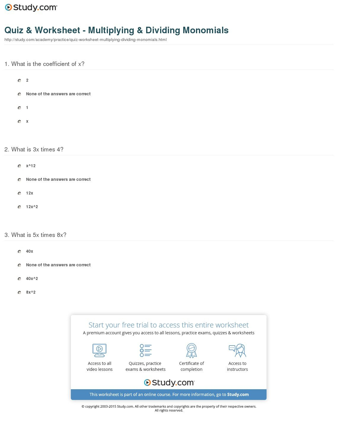 Multiplying Monomials And Polynomials Worksheet excelguider com