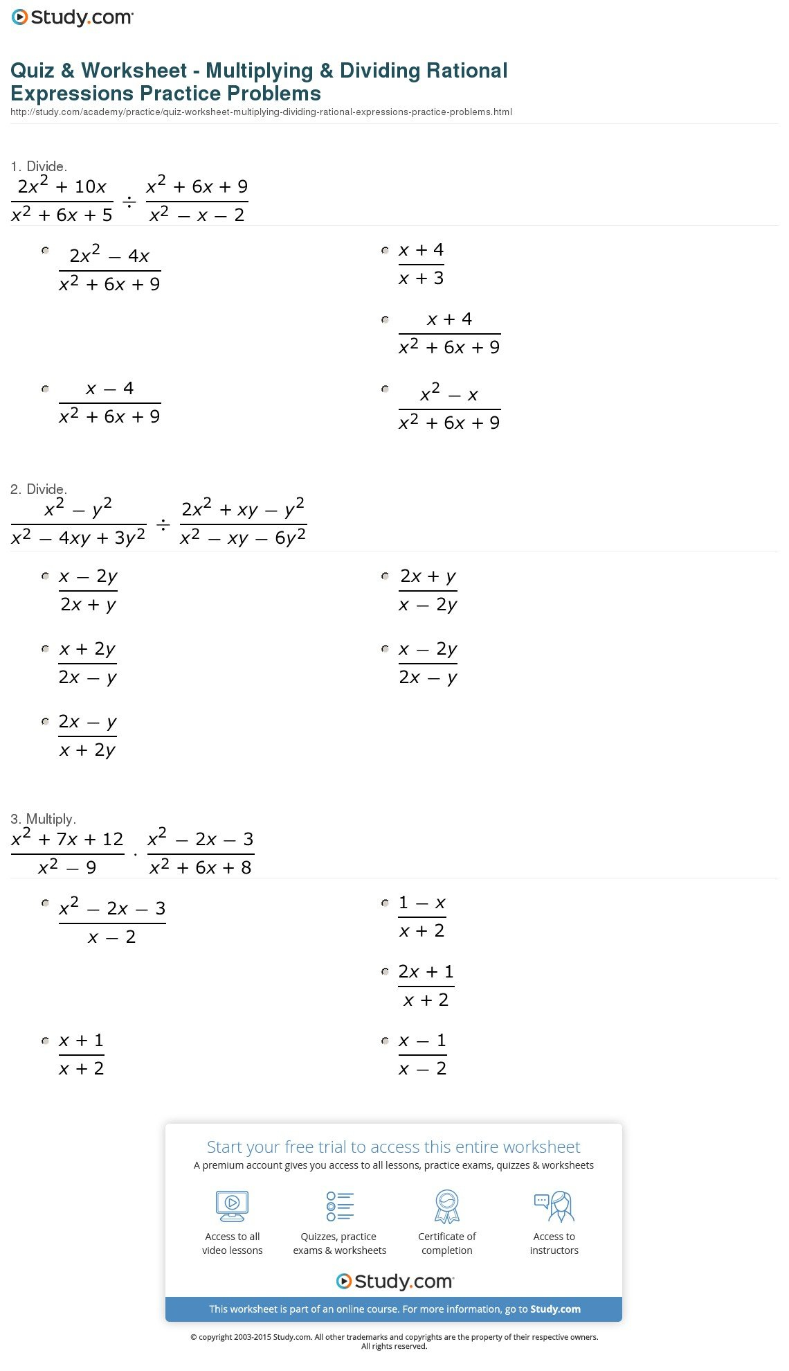 Quiz  Worksheet  Multiplying  Dividing Rational Expressions Within Multiplying And Dividing Rational Expressions Worksheet Answer Key