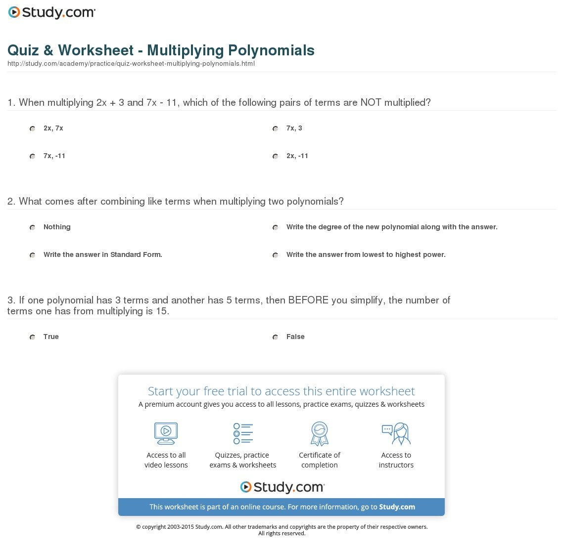 Quiz  Worksheet  Multiplying Polynomials  Study Intended For Multiplying Polynomials Worksheet 1 Answers
