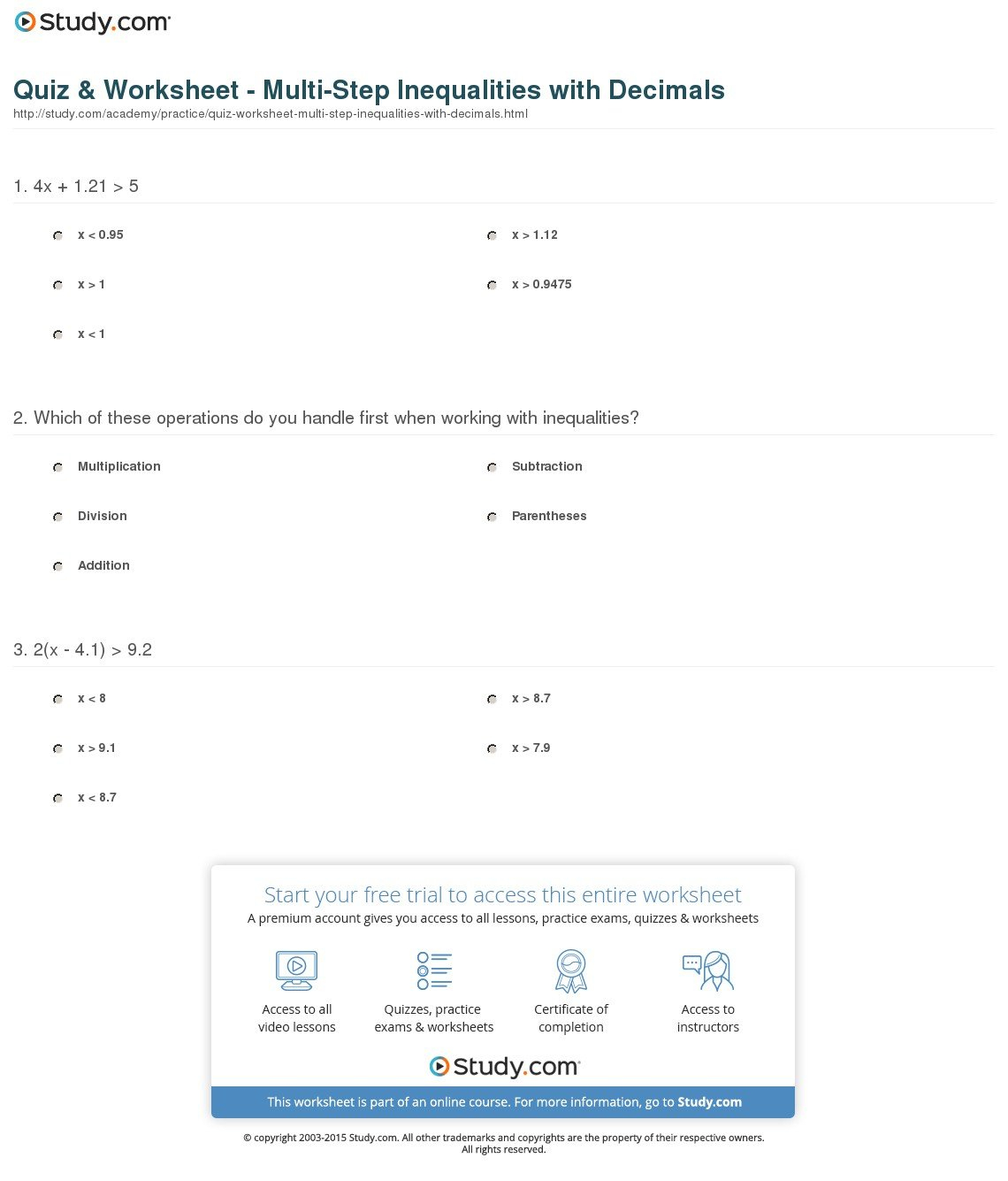 Quiz  Worksheet  Multistep Inequalities With Decimals  Study Or 6Th Grade Inequalities Worksheet