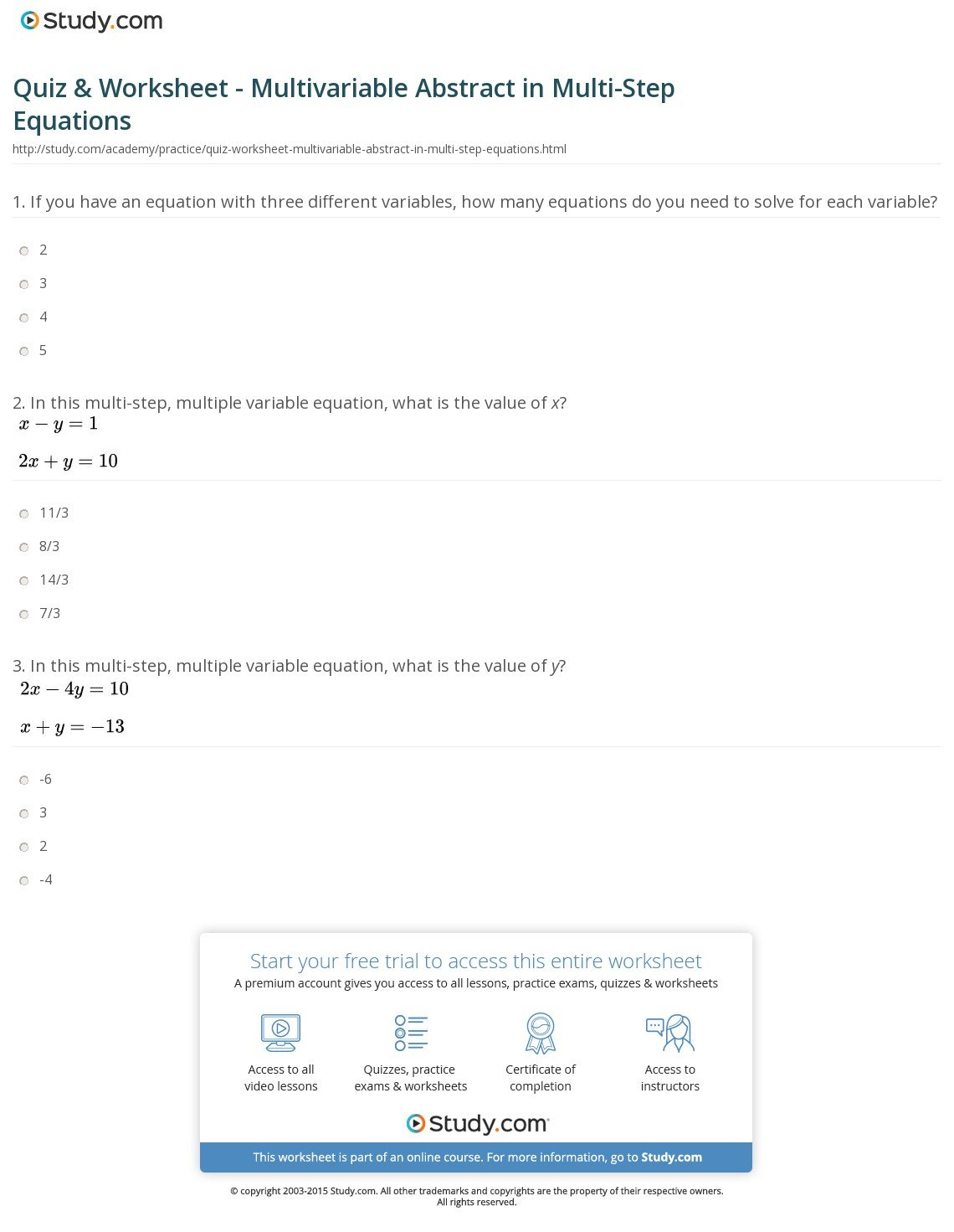 Quiz  Worksheet  Multivariable Abstract In Multistep Equations Intended For Solving Multi Step Equations Worksheet Answers Algebra 1