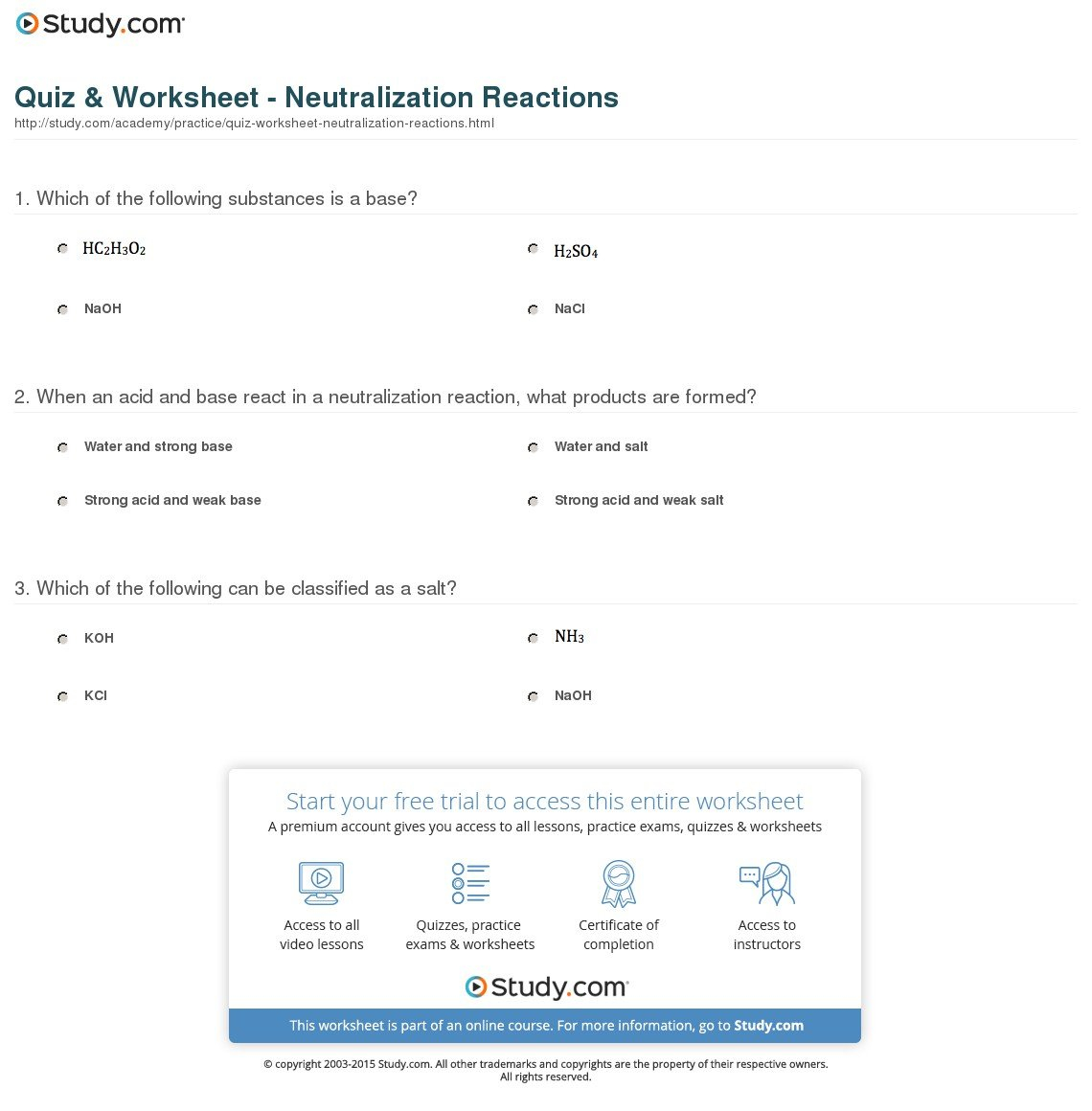 Quiz  Worksheet  Neutralization Reactions  Study Or Neutralization Reactions Worksheet Answers