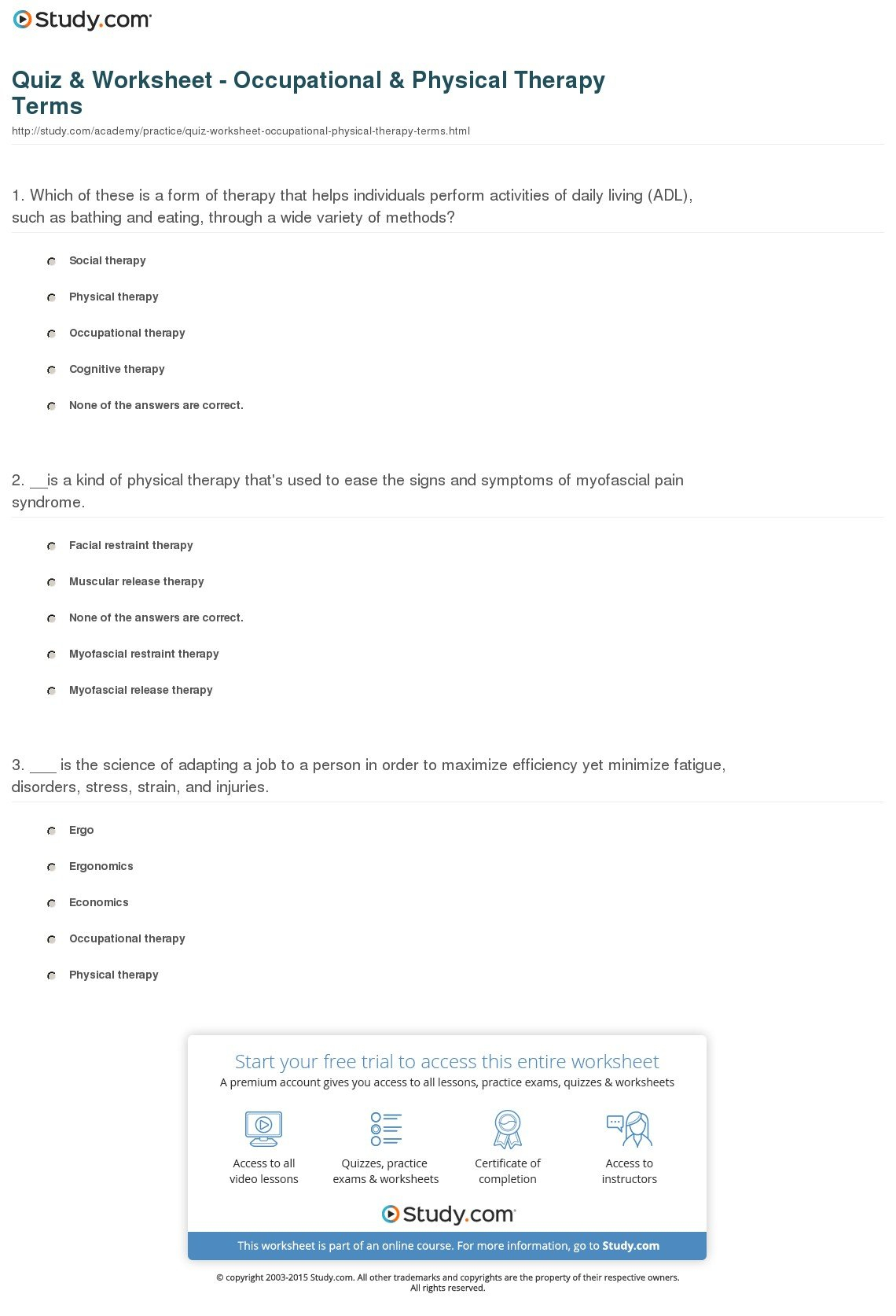 Quiz  Worksheet  Occupational  Physical Therapy Terms  Study Regarding Occupational Course Of Study Worksheets