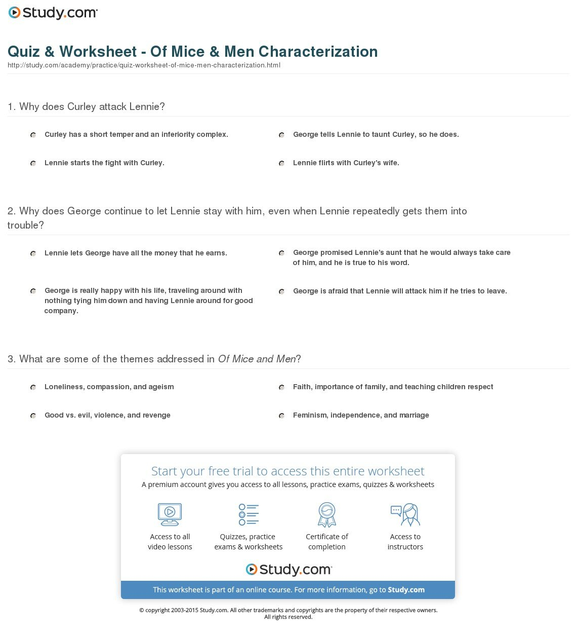 Quiz  Worksheet  Of Mice  Men Characterization  Study With Of Mice And Men Worksheets
