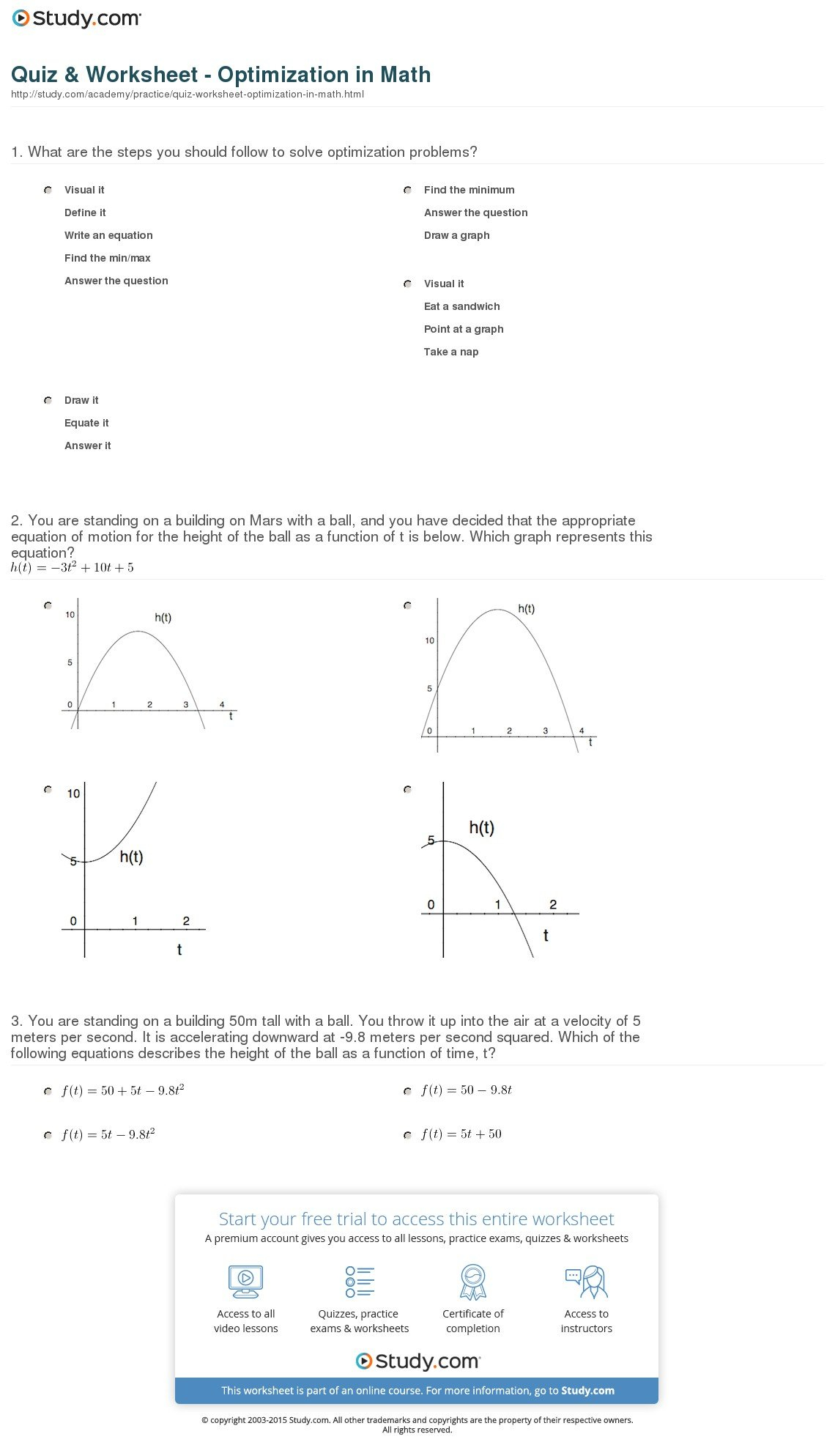 Quiz  Worksheet  Optimization In Math  Study Along With Optimization Problems Calculus Worksheet