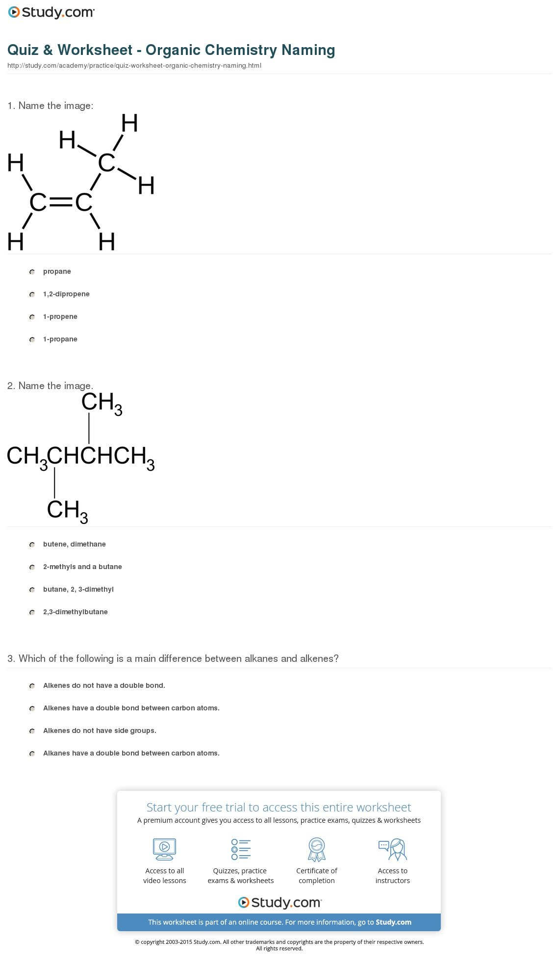 Quiz  Worksheet  Organic Chemistry Naming  Study Throughout Chemical Nomenclature Worksheet