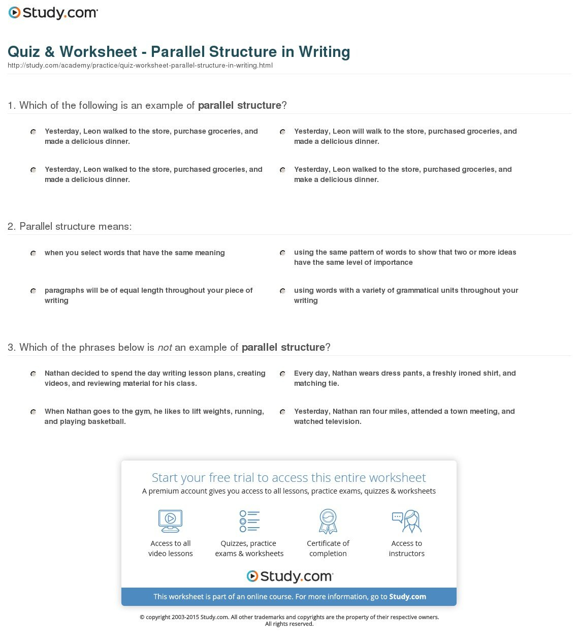 Quiz  Worksheet  Parallel Structure In Writing  Study Within Parallel Structure Practice Worksheet