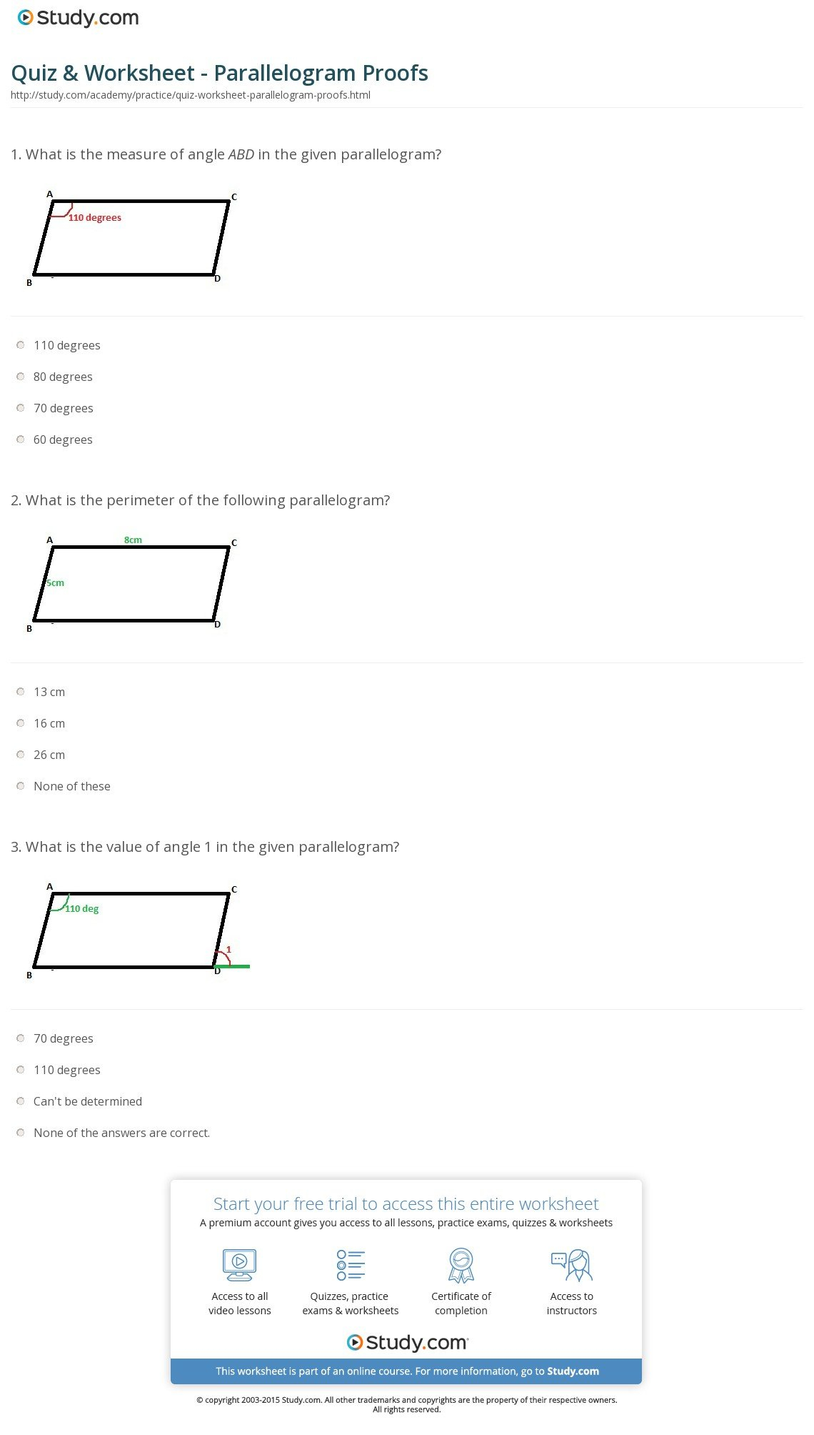 Quiz  Worksheet  Parallelogram Proofs  Study Or Parallelogram Proofs Worksheet With Answers
