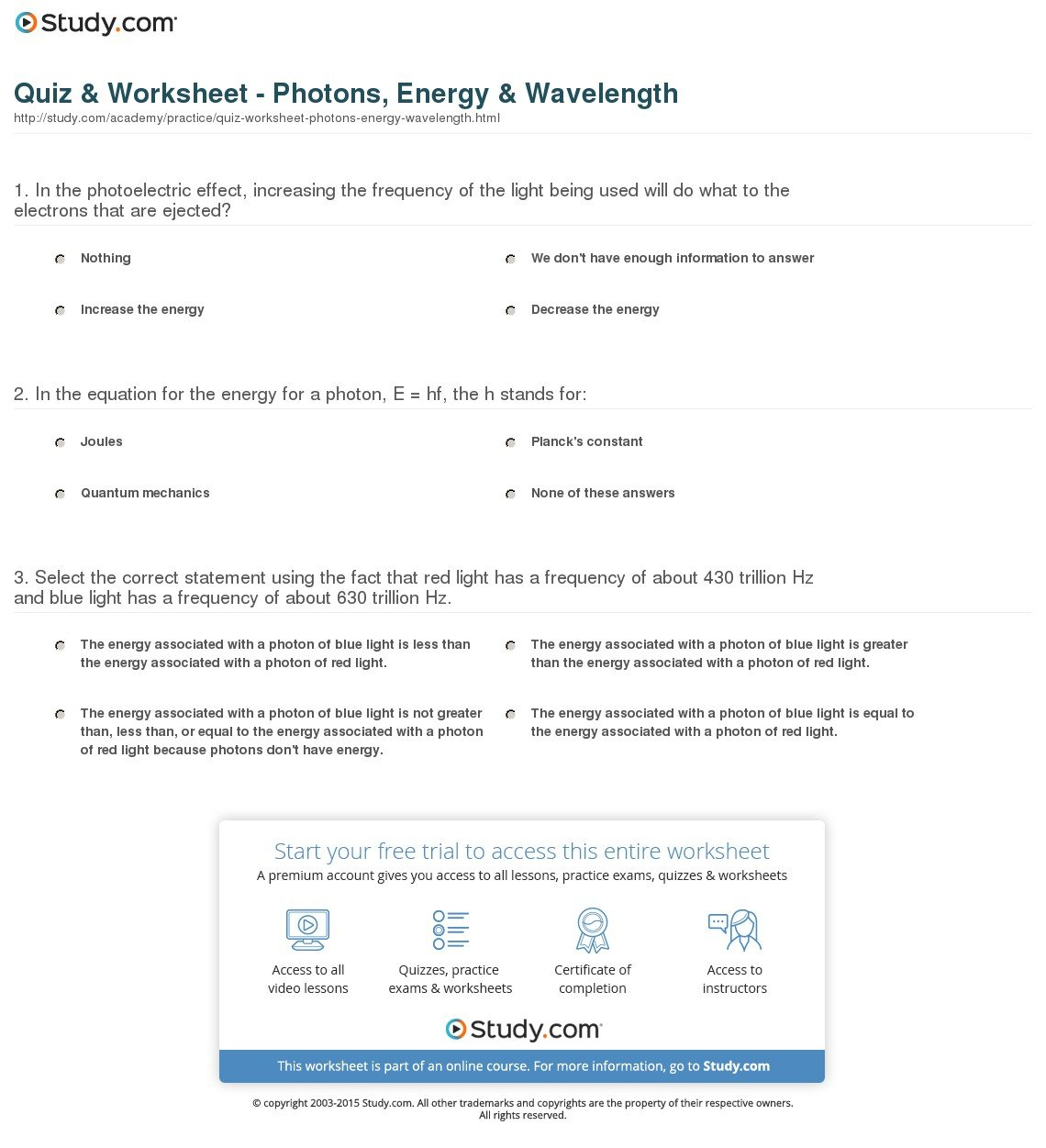 Quiz  Worksheet  Photons Energy  Wavelength  Study Pertaining To Wavelength Frequency And Energy Worksheet