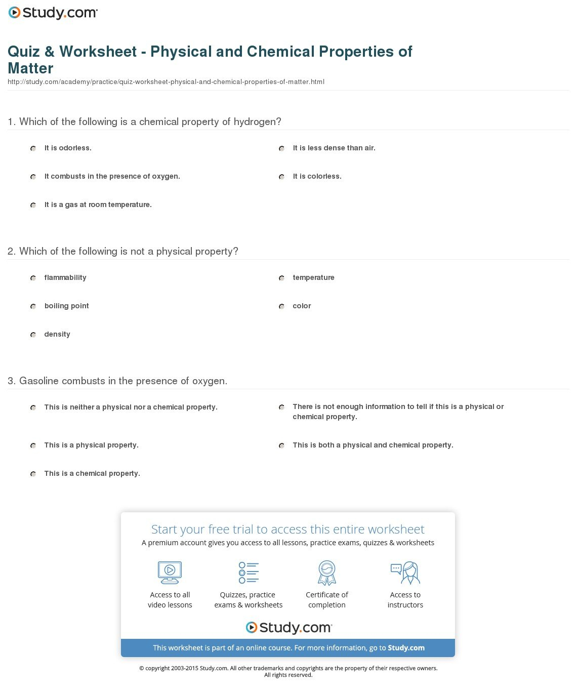 Quiz  Worksheet  Physical And Chemical Properties Of Matter With Physical And Chemical Properties Worksheet