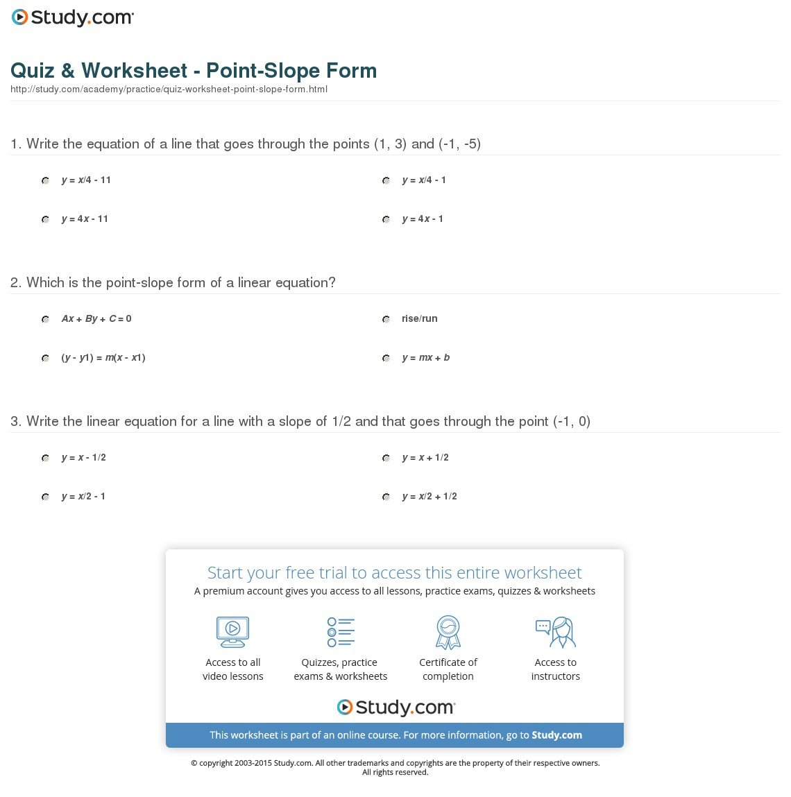 Quiz  Worksheet  Pointslope Form  Study Regarding Finding Slope From Two Points Worksheet Answers
