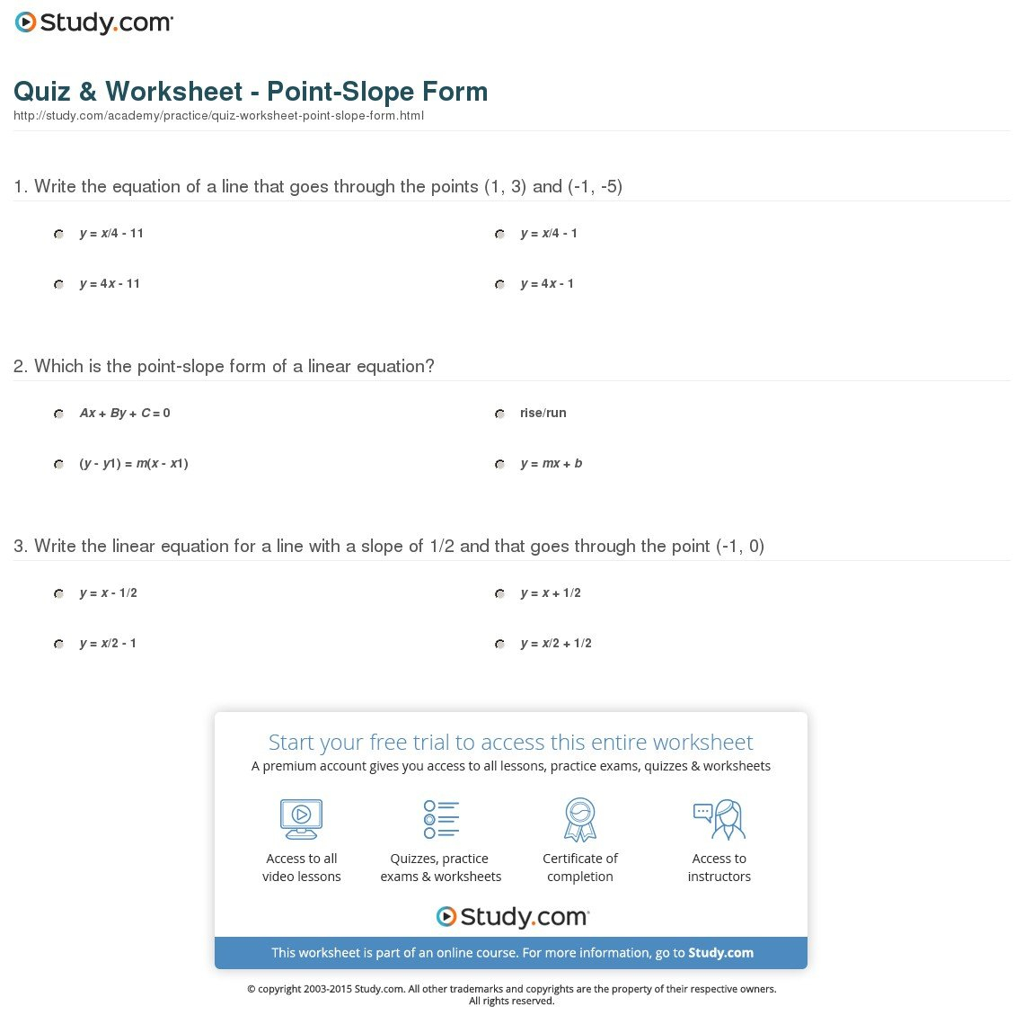 Quiz  Worksheet  Pointslope Form  Study Within Point Slope Form Practice Worksheet