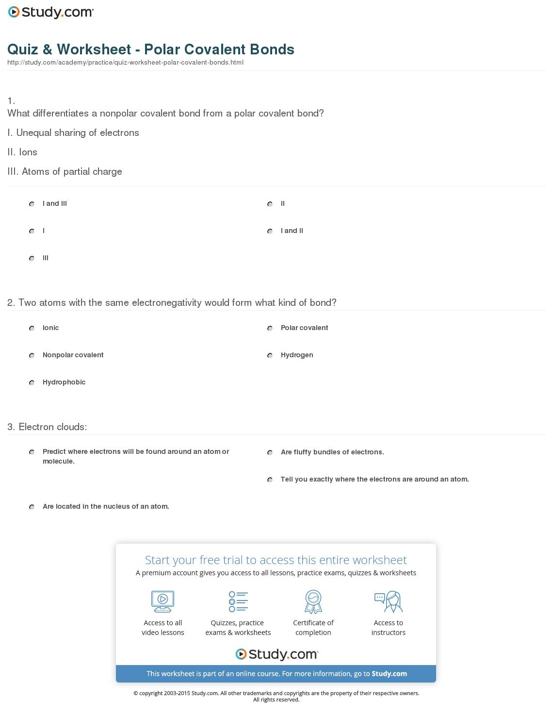 Quiz  Worksheet  Polar Covalent Bonds  Study Throughout Polarity And Electronegativity Worksheet Answers