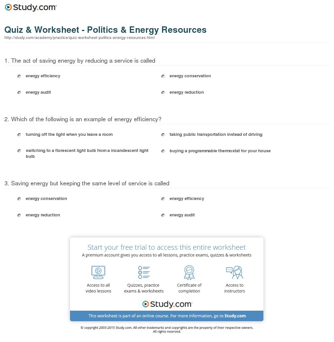Quiz  Worksheet  Politics  Energy Resources  Study As Well As Energy Audit Worksheet