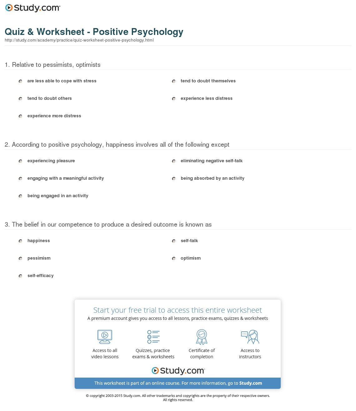 Quiz  Worksheet  Positive Psychology  Study With Positive Psychology Worksheets