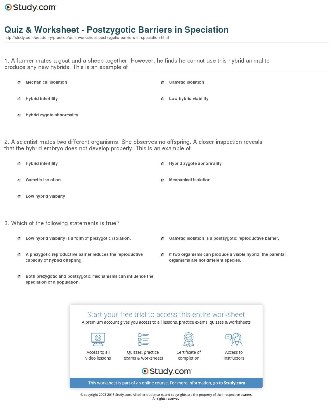 Quiz  Worksheet  Postzygotic Barriers In Speciation  Study With Reproductive Barriers Worksheet Answers