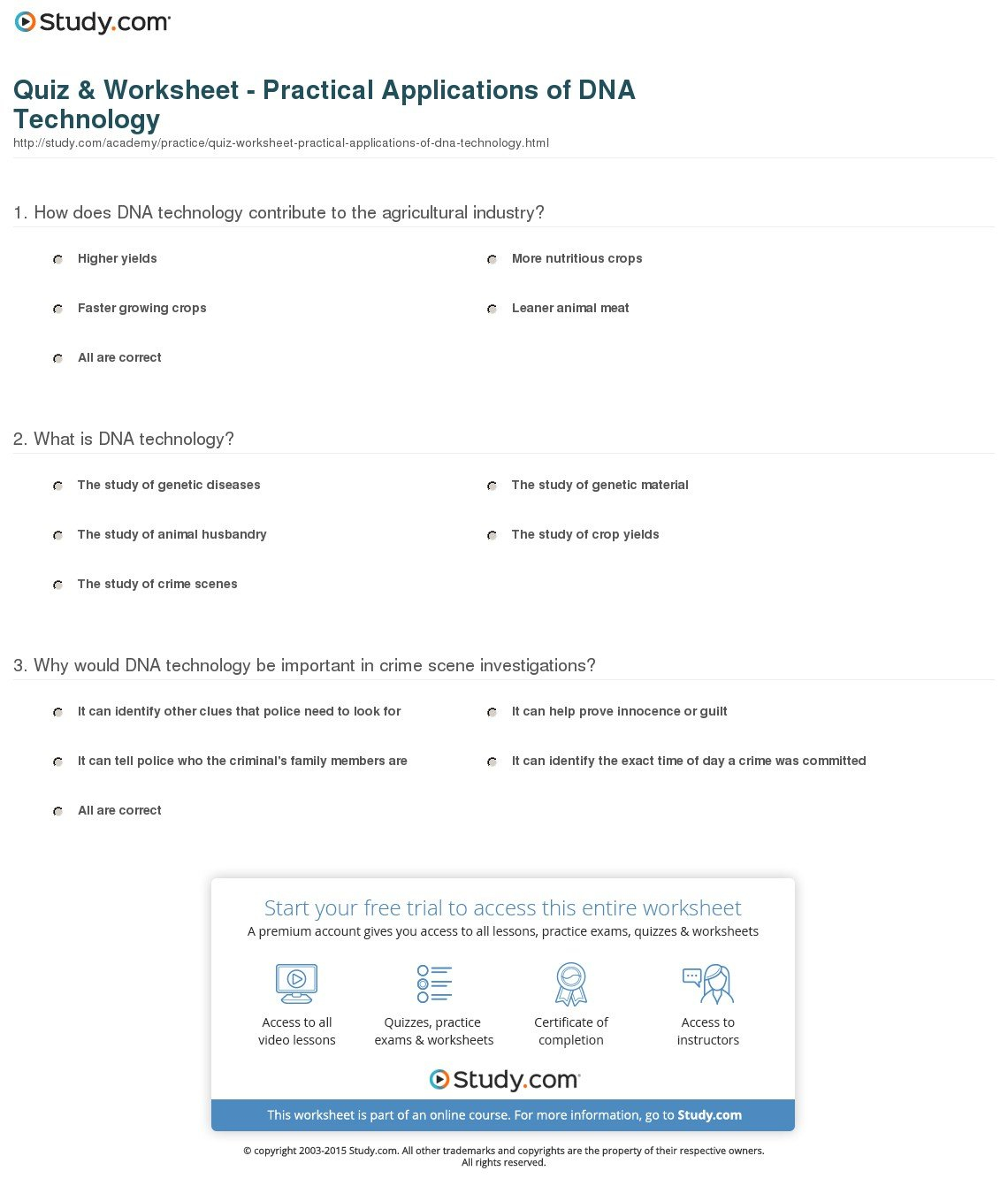 Quiz  Worksheet  Practical Applications Of Dna Technology  Study With Recombinant Dna Technology Worksheet Answers