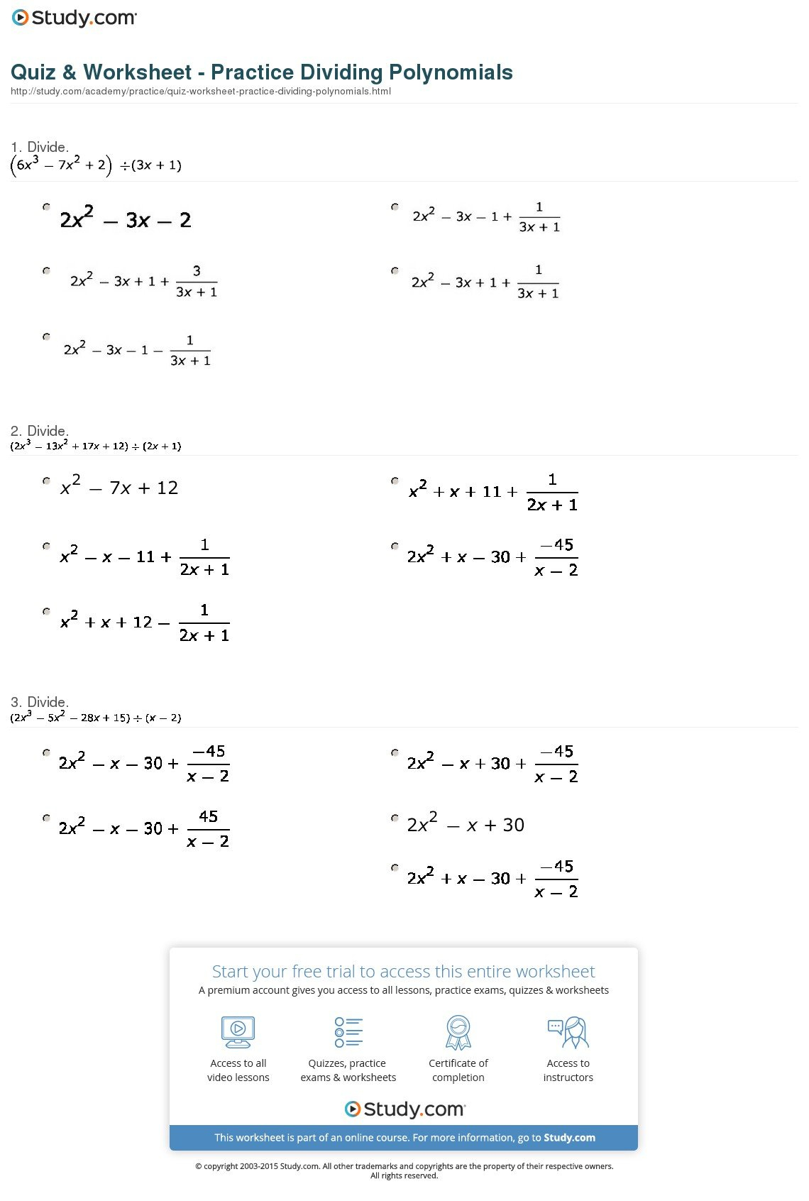 Quiz  Worksheet  Practice Dividing Polynomials  Study Pertaining To Dividing Polynomials Worksheet