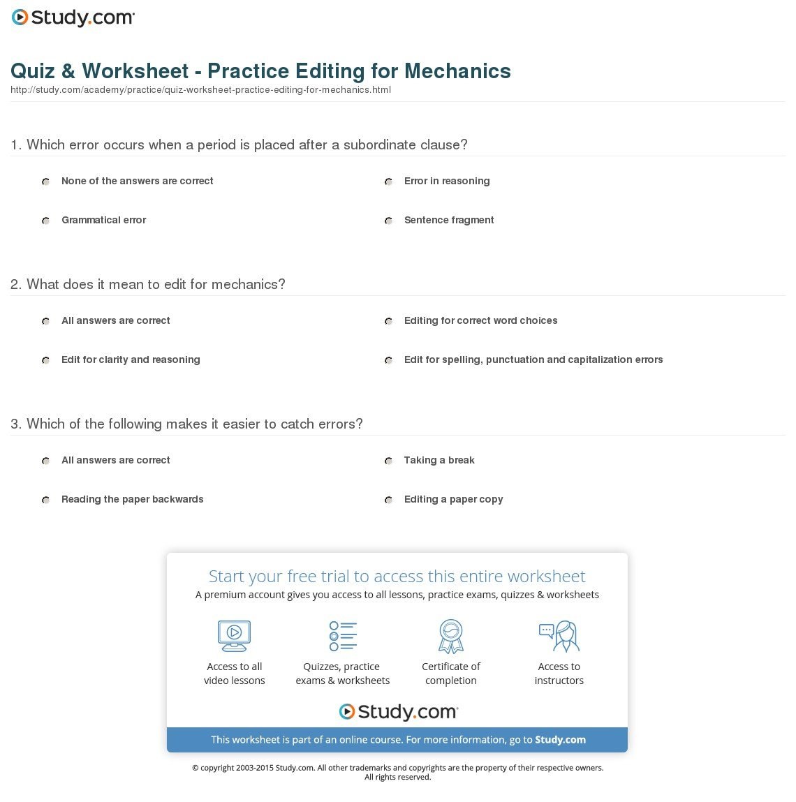 Quiz  Worksheet  Practice Editing For Mechanics  Study Along With Editing Practice Worksheets
