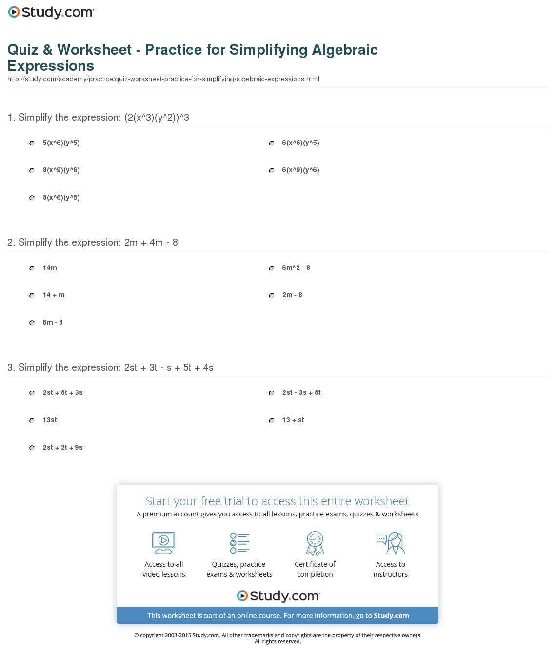 Quiz  Worksheet  Practice For Simplifying Algebraic Expressions Intended For Simplifying Expressions Worksheet With Answers