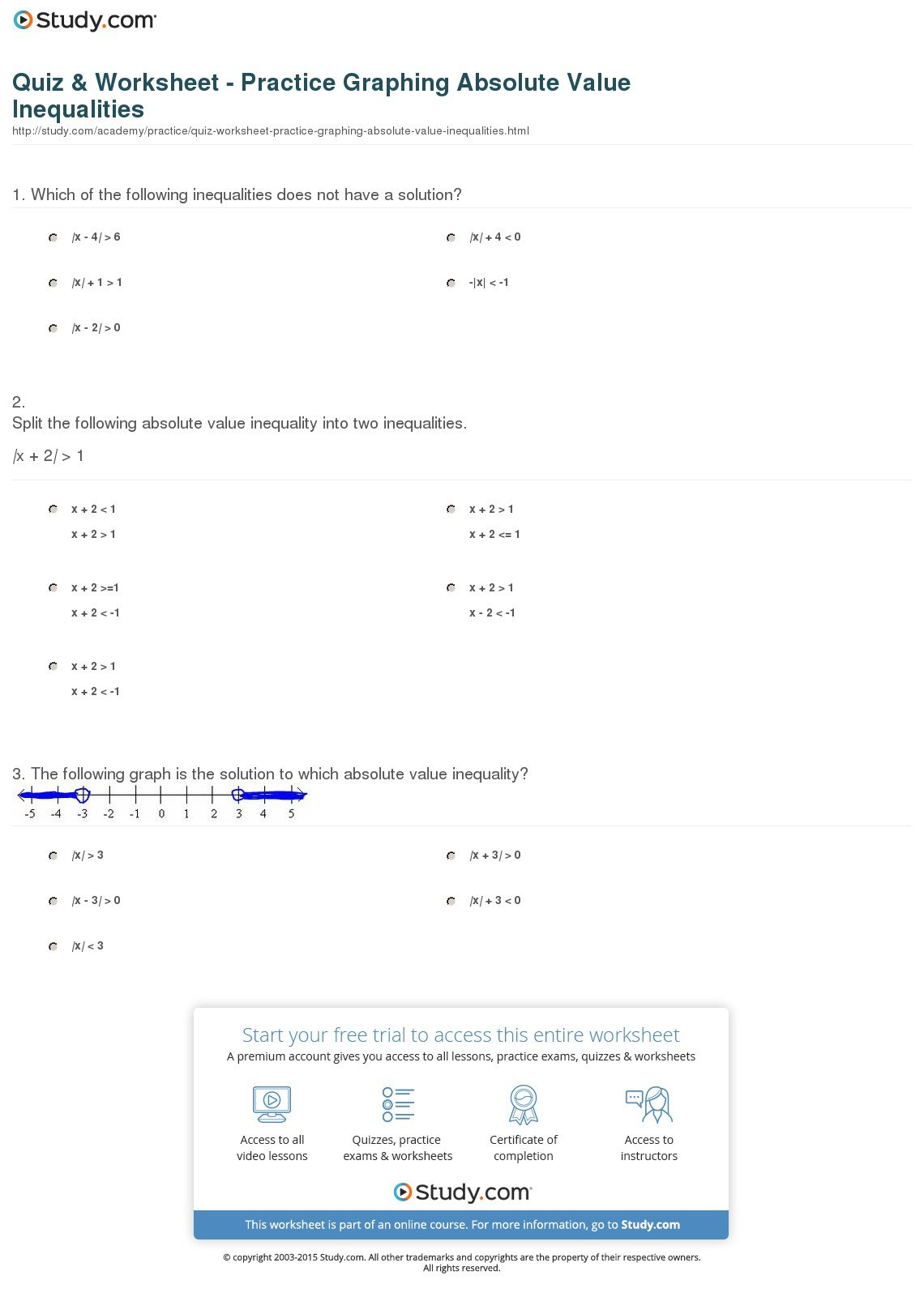 Quiz  Worksheet  Practice Graphing Absolute Value Inequalities With Absolute Value Inequalities Worksheet Answers Algebra 1