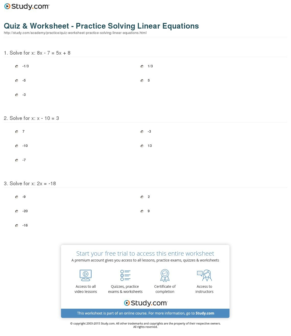 Quiz  Worksheet  Practice Solving Linear Equations  Study Pertaining To Linear Equations Review Worksheet