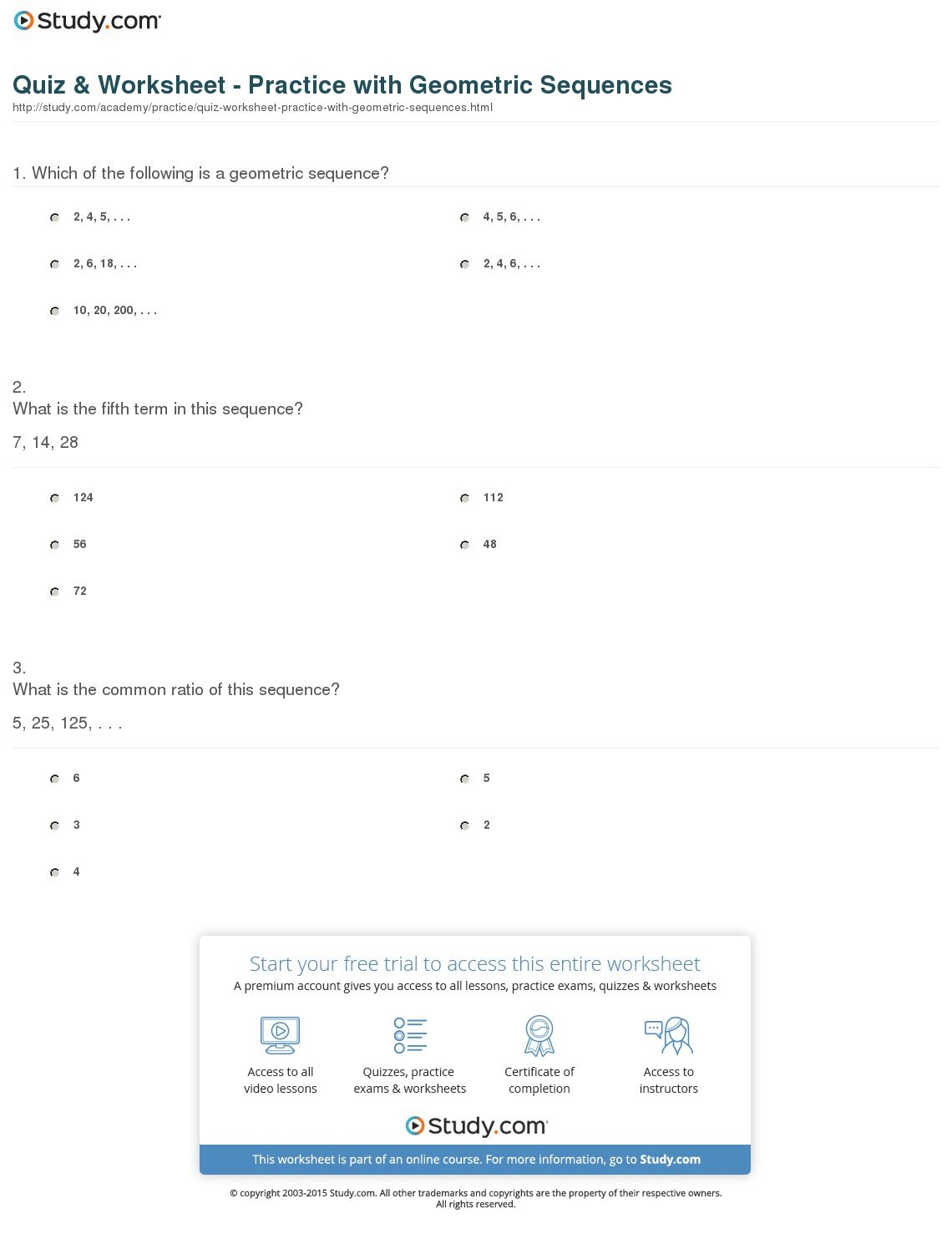 Quiz  Worksheet  Practice With Geometric Sequences  Study For Sequences Practice Worksheet