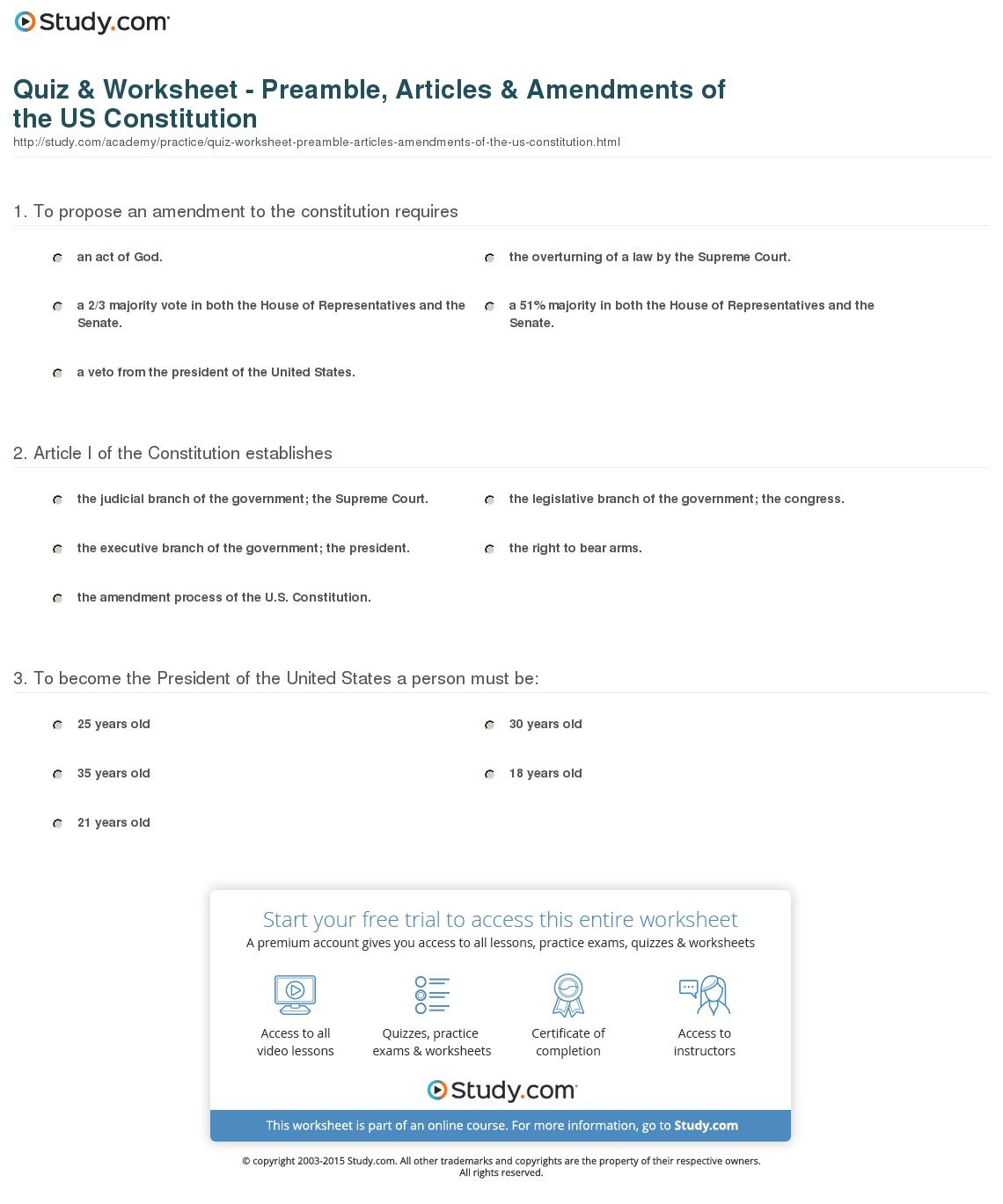 Quiz  Worksheet  Preamble Articles  Amendments Of The Us For The Birth Of The Constitution Worksheet Answer Key