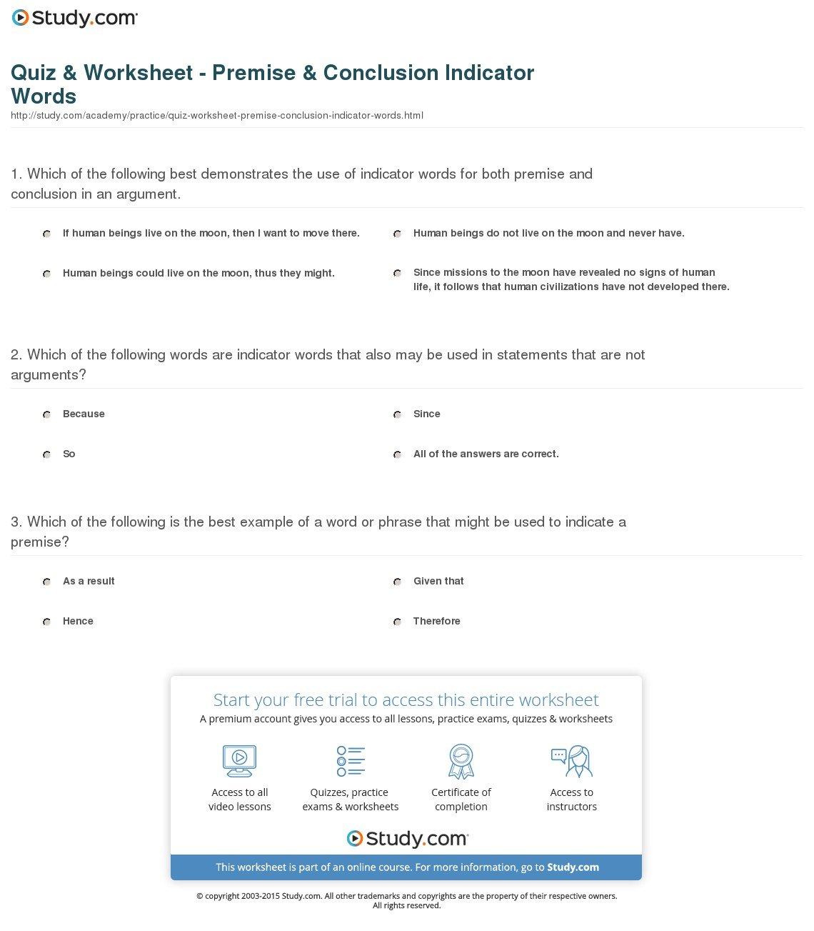 Quiz  Worksheet  Premise  Conclusion Indicator Words  Study Together With Premise And Conclusion Worksheet