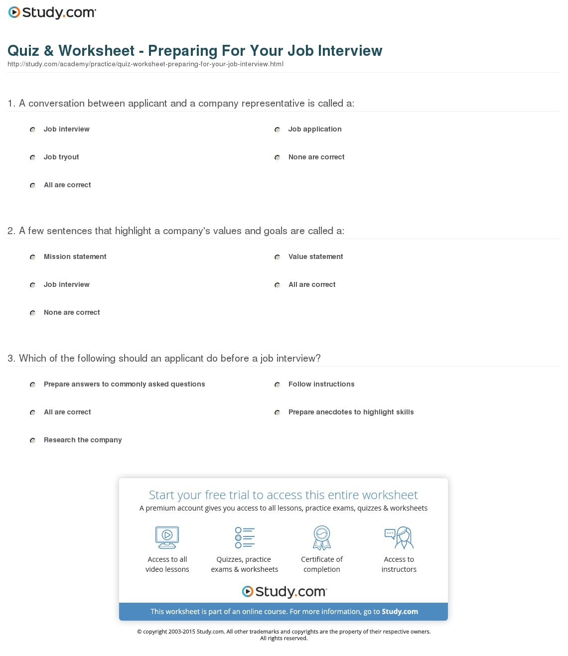 Quiz  Worksheet  Preparing For Your Job Interview  Study Within Interview Worksheet For Students