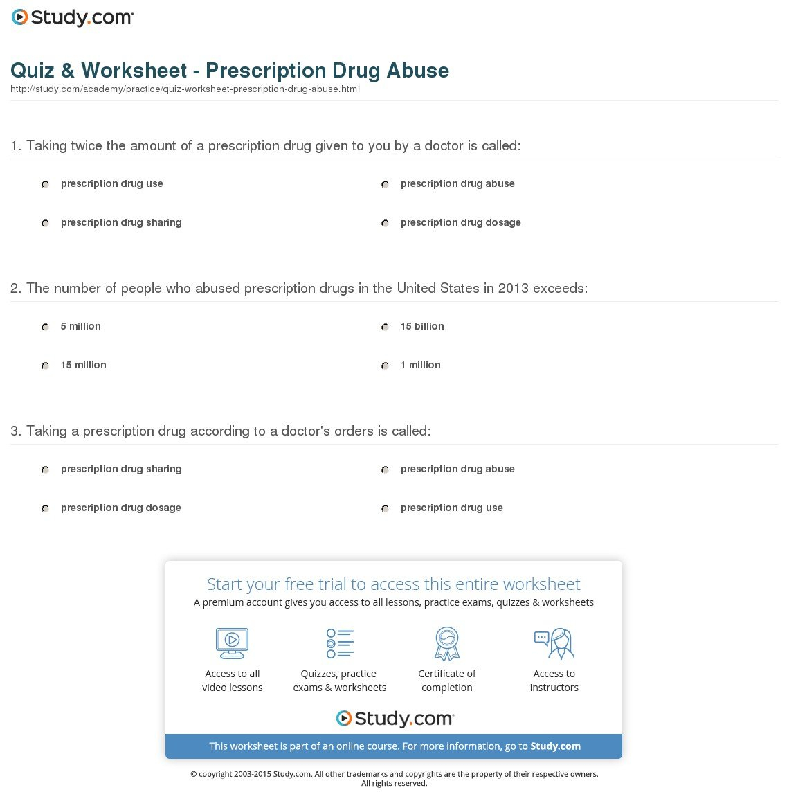 Quiz  Worksheet  Prescription Drug Abuse  Study Within Drug Education Worksheets